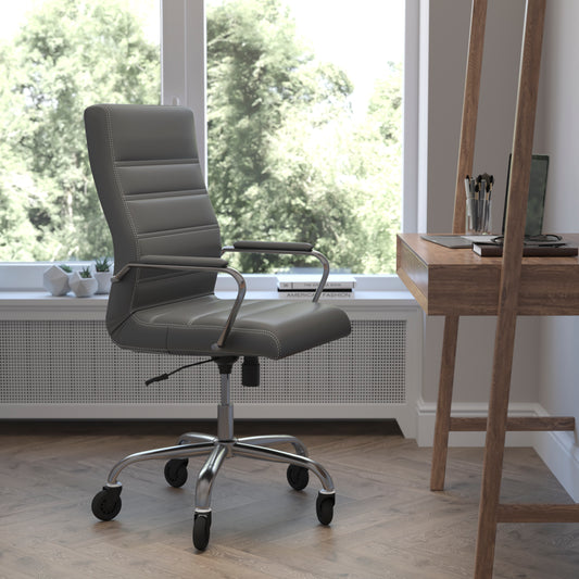 Whitney High Back Gray LeatherSoft Executive Swivel Office Chair with Chrome Frame, Arms, and Transparent Roller Wheels Gray LeatherSoft/Chrome Frame GO-2286H-GR-RLB-GG