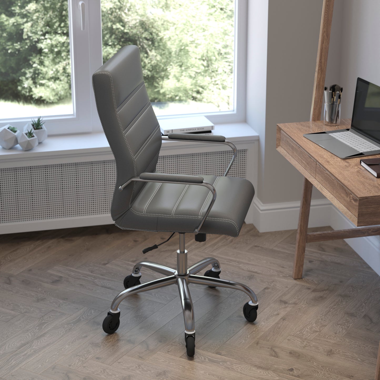 Whitney High Back Gray LeatherSoft Executive Swivel Office Chair with Chrome Frame, Arms, and Transparent Roller Wheels Gray LeatherSoft/Chrome Frame