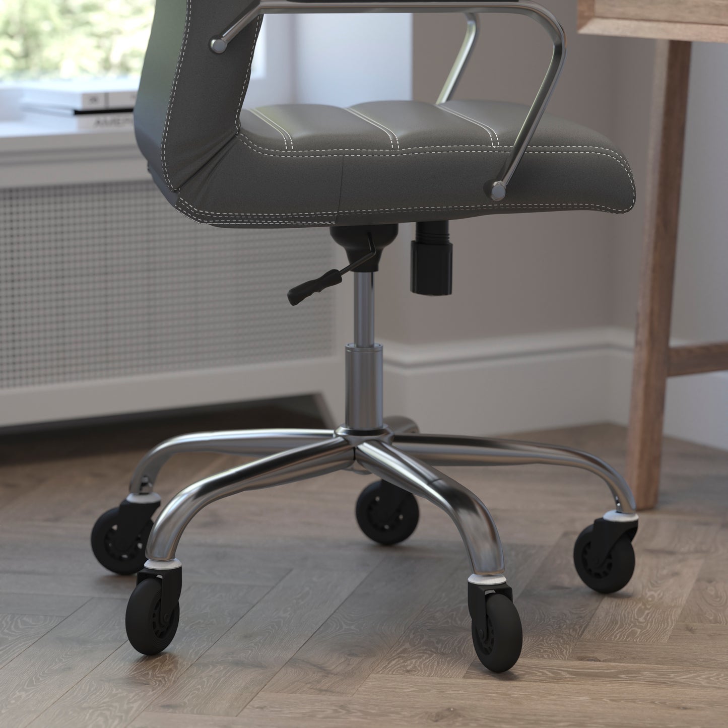 Whitney High Back Gray LeatherSoft Executive Swivel Office Chair with Chrome Frame, Arms, and Transparent Roller Wheels Gray LeatherSoft/Chrome Frame