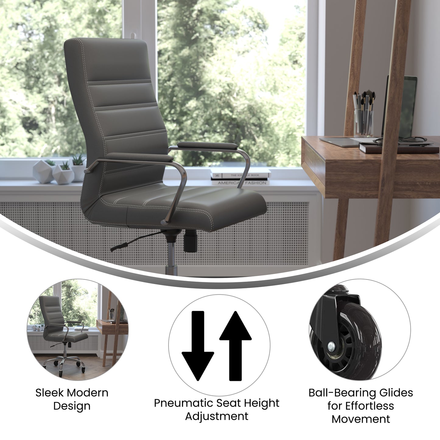 Whitney High Back Gray LeatherSoft Executive Swivel Office Chair with Chrome Frame, Arms, and Transparent Roller Wheels Gray LeatherSoft/Chrome Frame