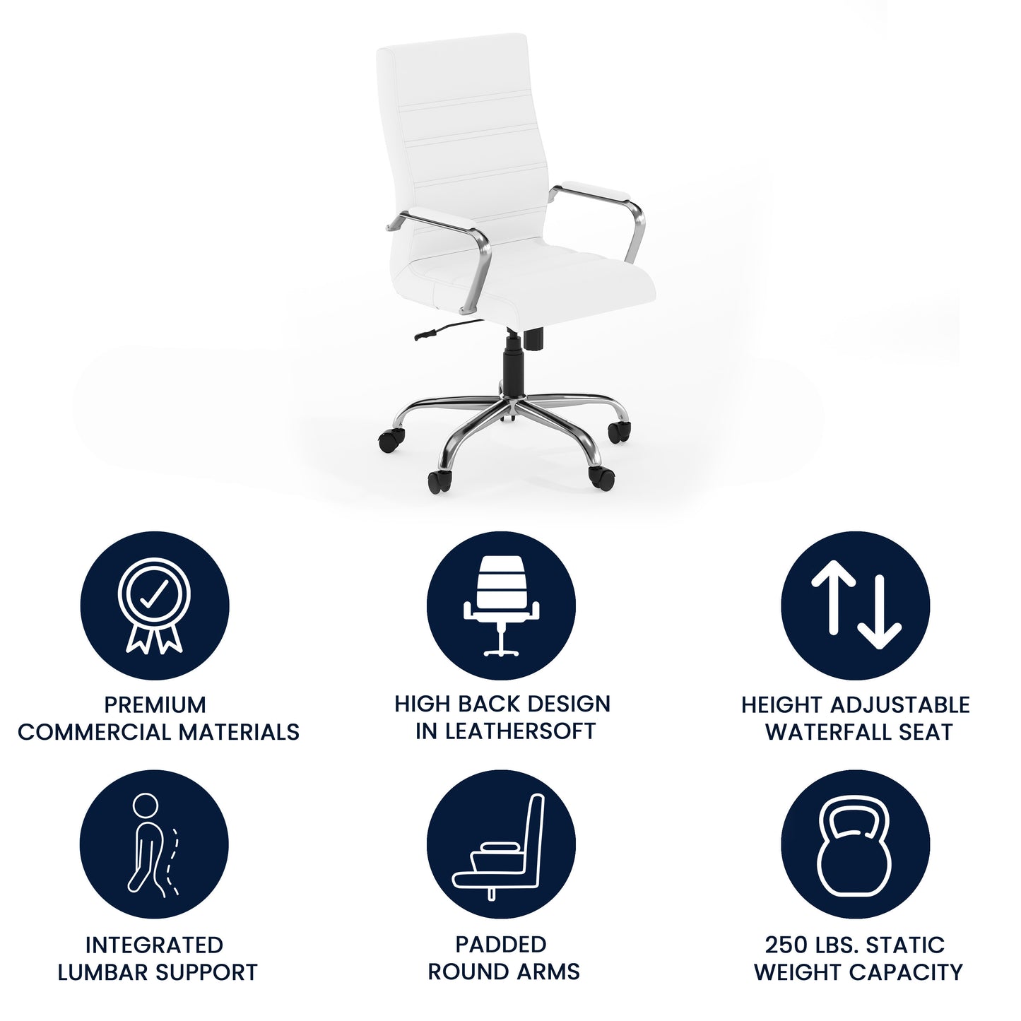 Whitney High Back White LeatherSoft Executive Swivel Office Chair with Chrome Frame and Arms White LeatherSoft/Chrome Frame