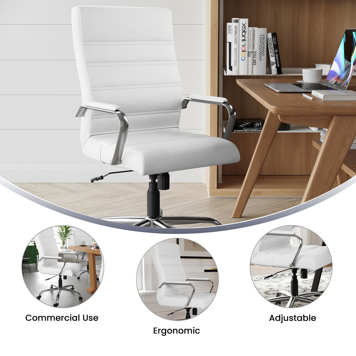 Whitney High Back White LeatherSoft Executive Swivel Office Chair with Chrome Frame and Arms White LeatherSoft/Chrome Frame