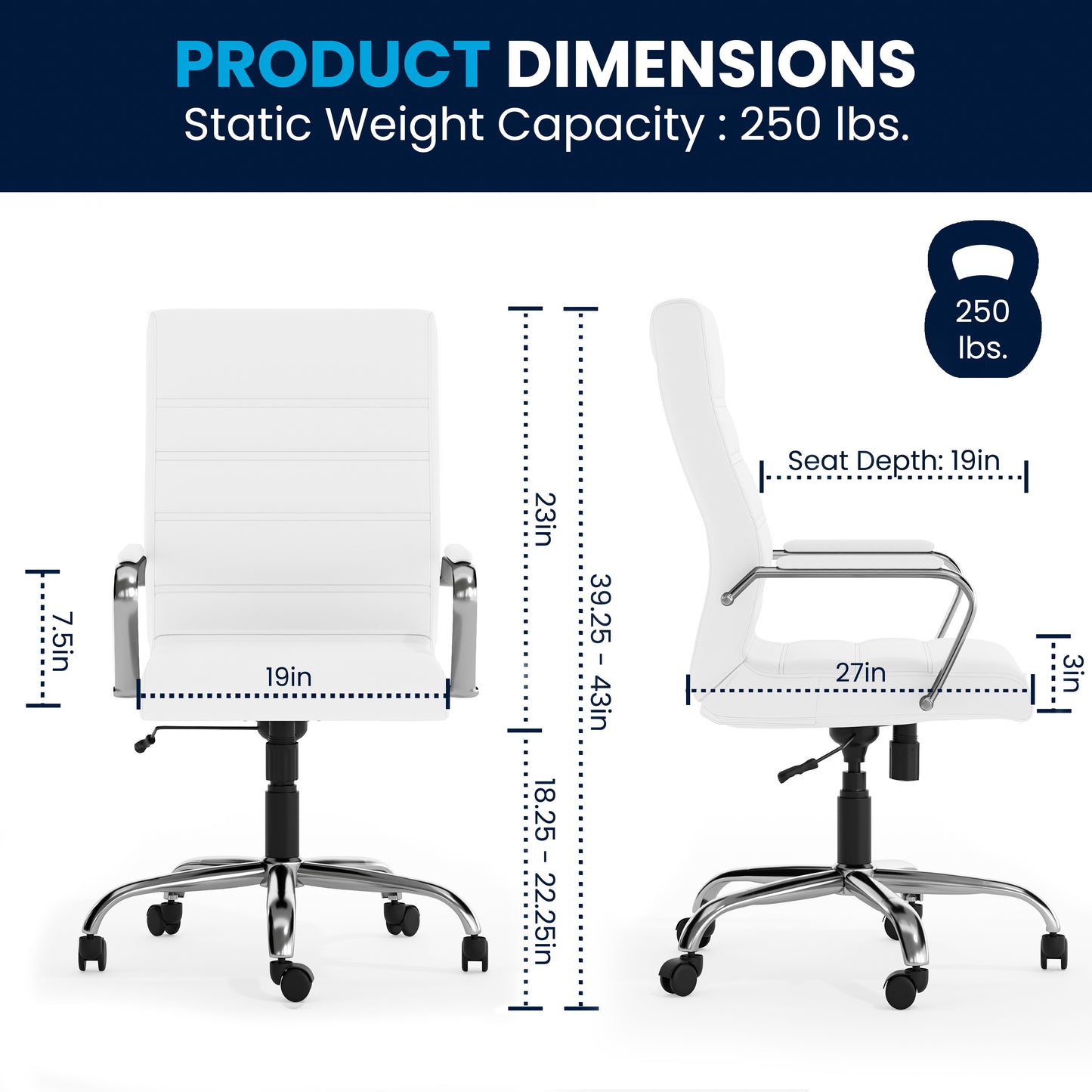 Whitney High Back White LeatherSoft Executive Swivel Office Chair with Chrome Frame and Arms White LeatherSoft/Chrome Frame