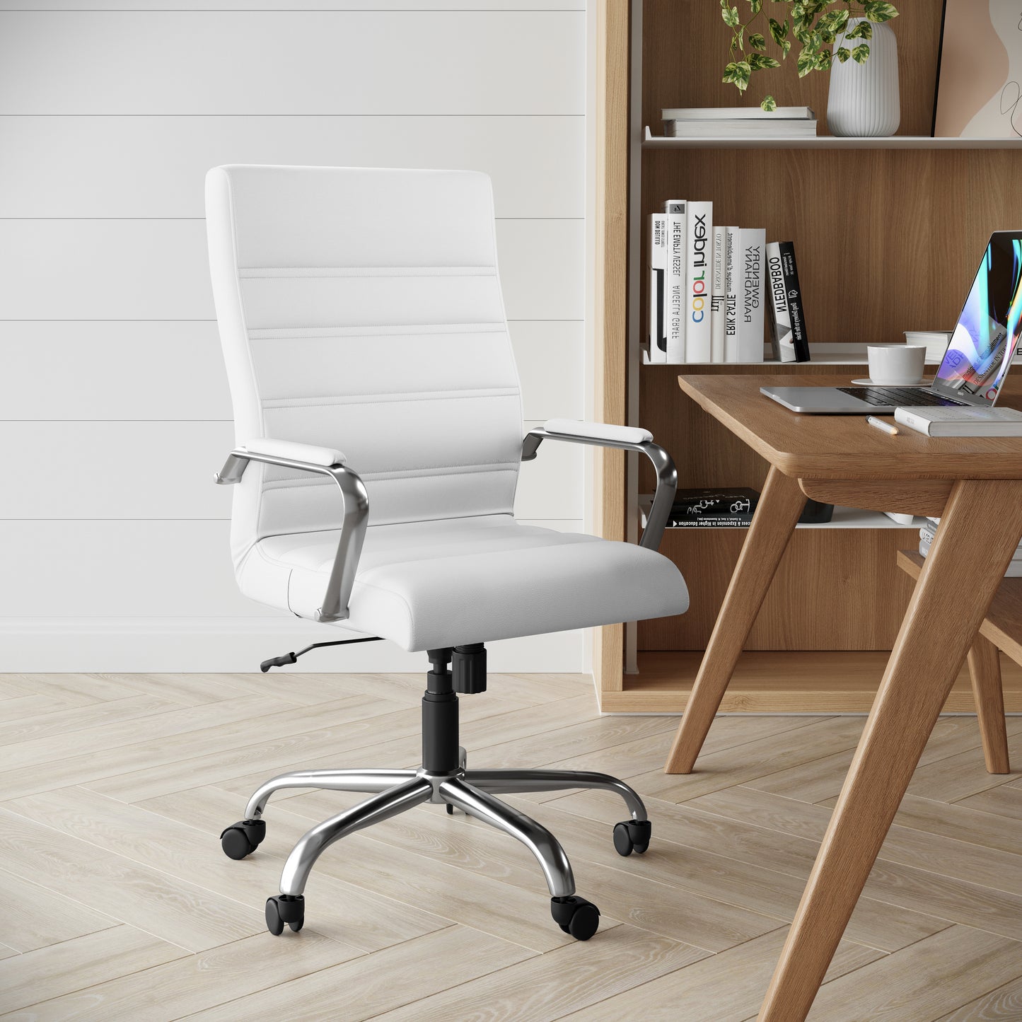 Whitney High Back White LeatherSoft Executive Swivel Office Chair with Chrome Frame and Arms White LeatherSoft/Chrome Frame