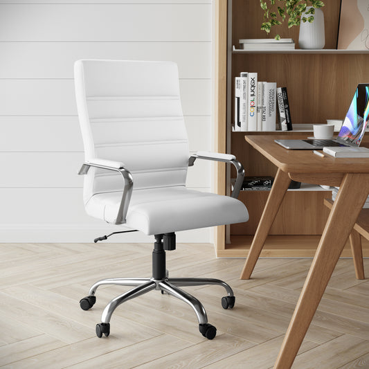 Whitney High Back White LeatherSoft Executive Swivel Office Chair with Chrome Frame and Arms White LeatherSoft/Chrome Frame GO-2286H-WH-GG