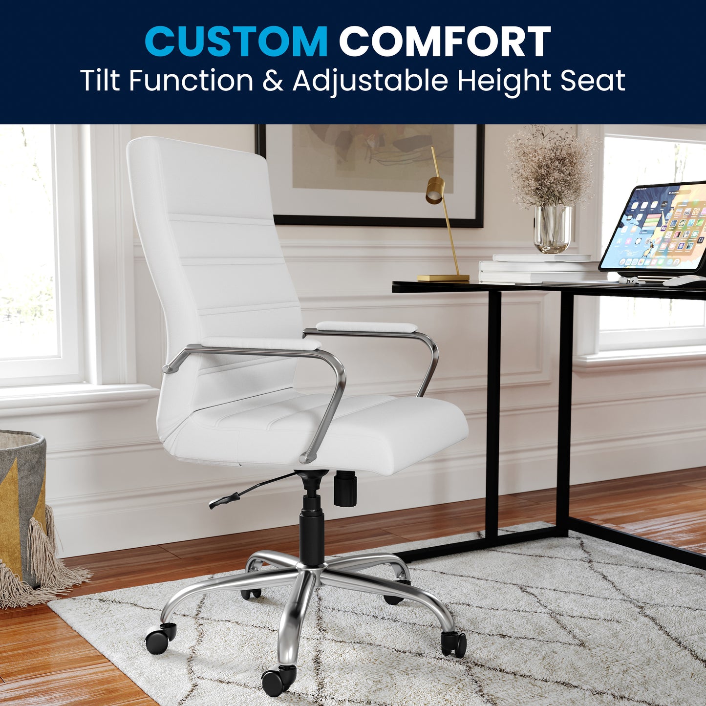 Whitney High Back White LeatherSoft Executive Swivel Office Chair with Chrome Frame and Arms White LeatherSoft/Chrome Frame