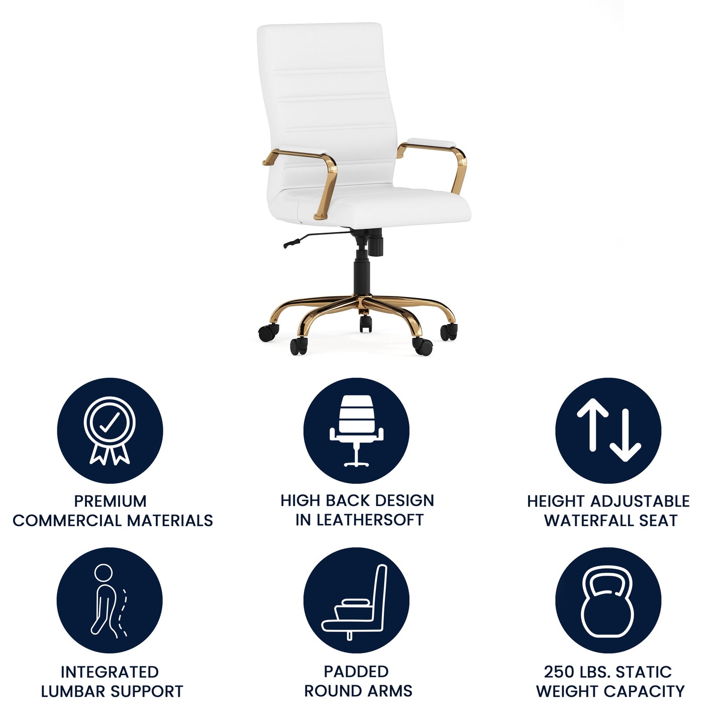 Whitney High Back White LeatherSoft Executive Swivel Office Chair with Gold Frame and Arms White LeatherSoft/Gold Frame