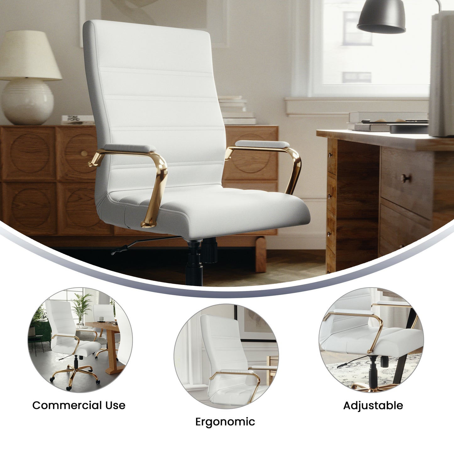 Whitney High Back White LeatherSoft Executive Swivel Office Chair with Gold Frame and Arms White LeatherSoft/Gold Frame
