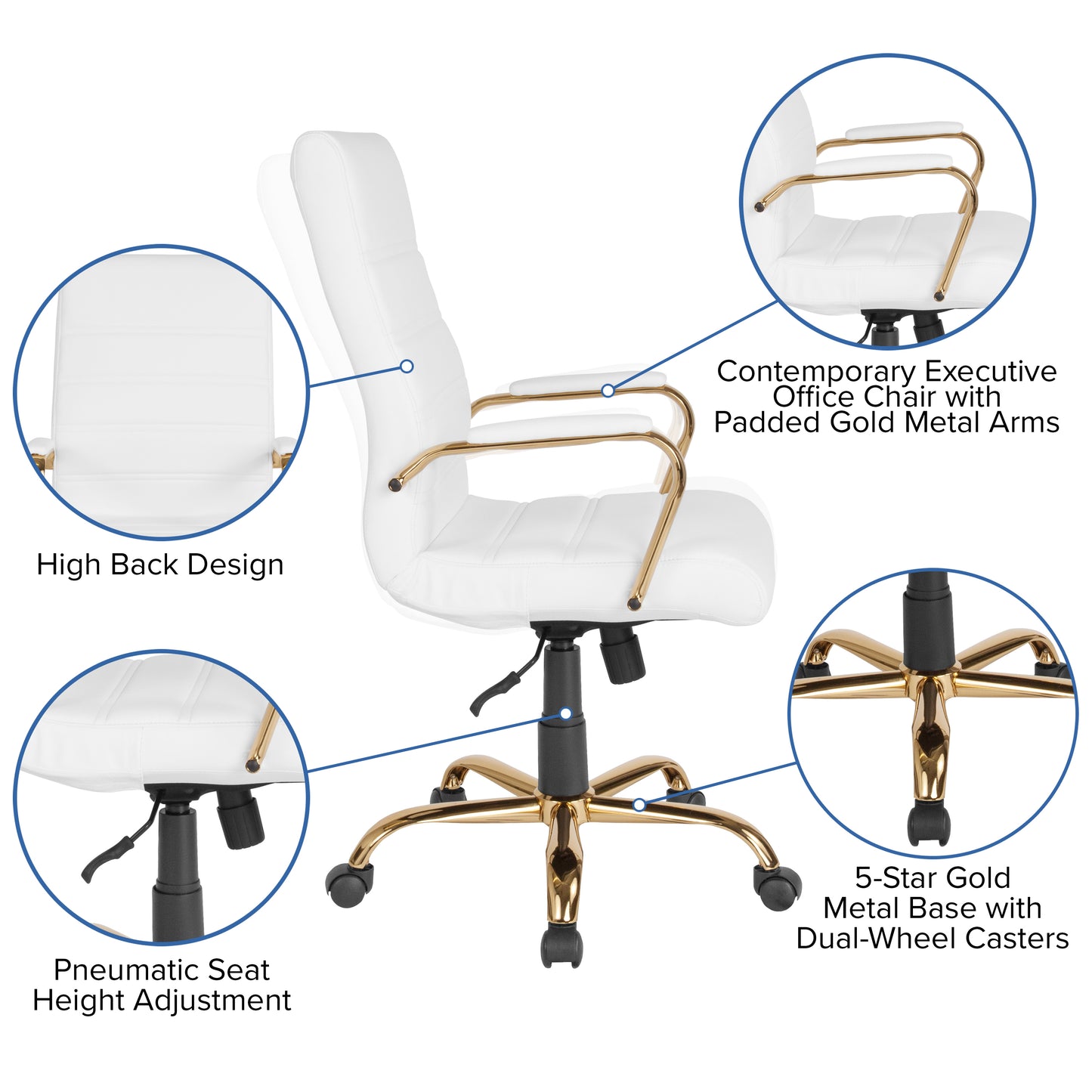 Whitney High Back White LeatherSoft Executive Swivel Office Chair with Gold Frame and Arms White LeatherSoft/Gold Frame