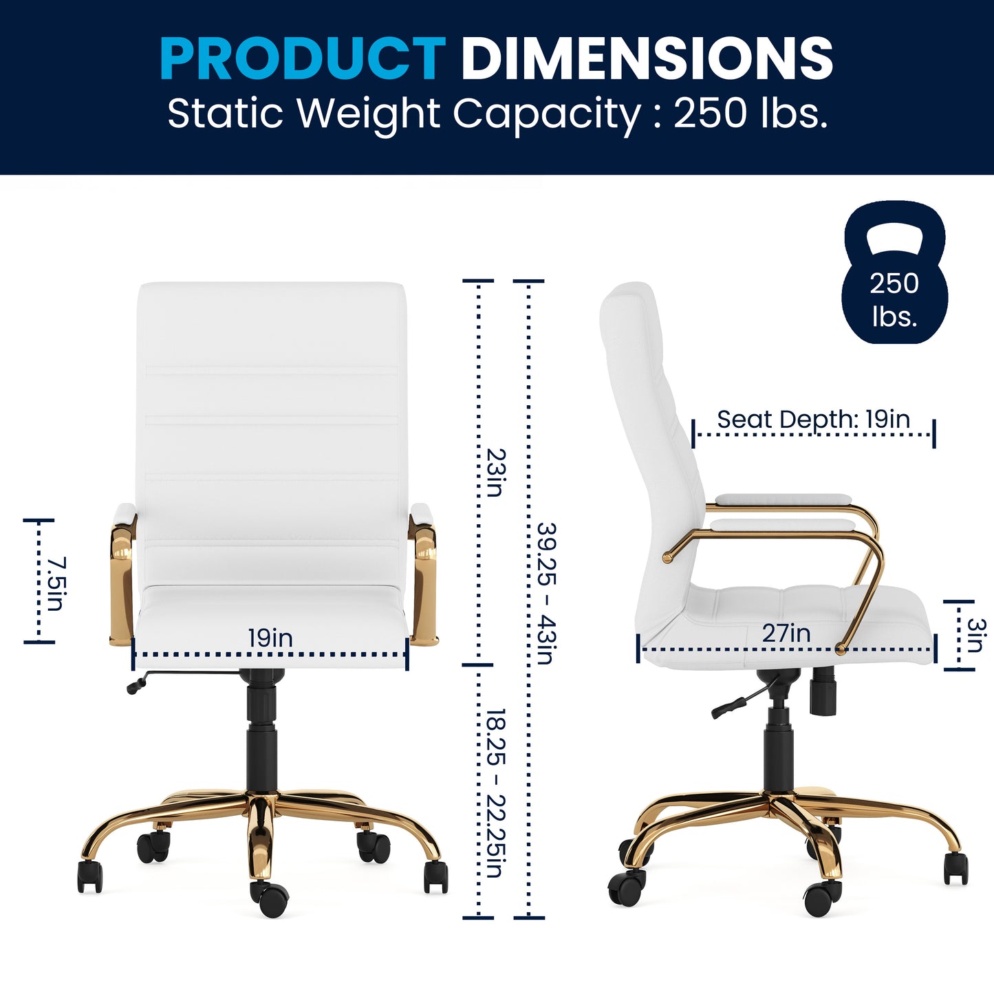 Whitney High Back White LeatherSoft Executive Swivel Office Chair with Gold Frame and Arms White LeatherSoft/Gold Frame