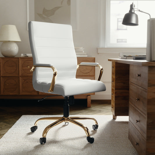 Whitney High Back White LeatherSoft Executive Swivel Office Chair with Gold Frame and Arms White LeatherSoft/Gold Frame GO-2286H-WH-GLD-GG