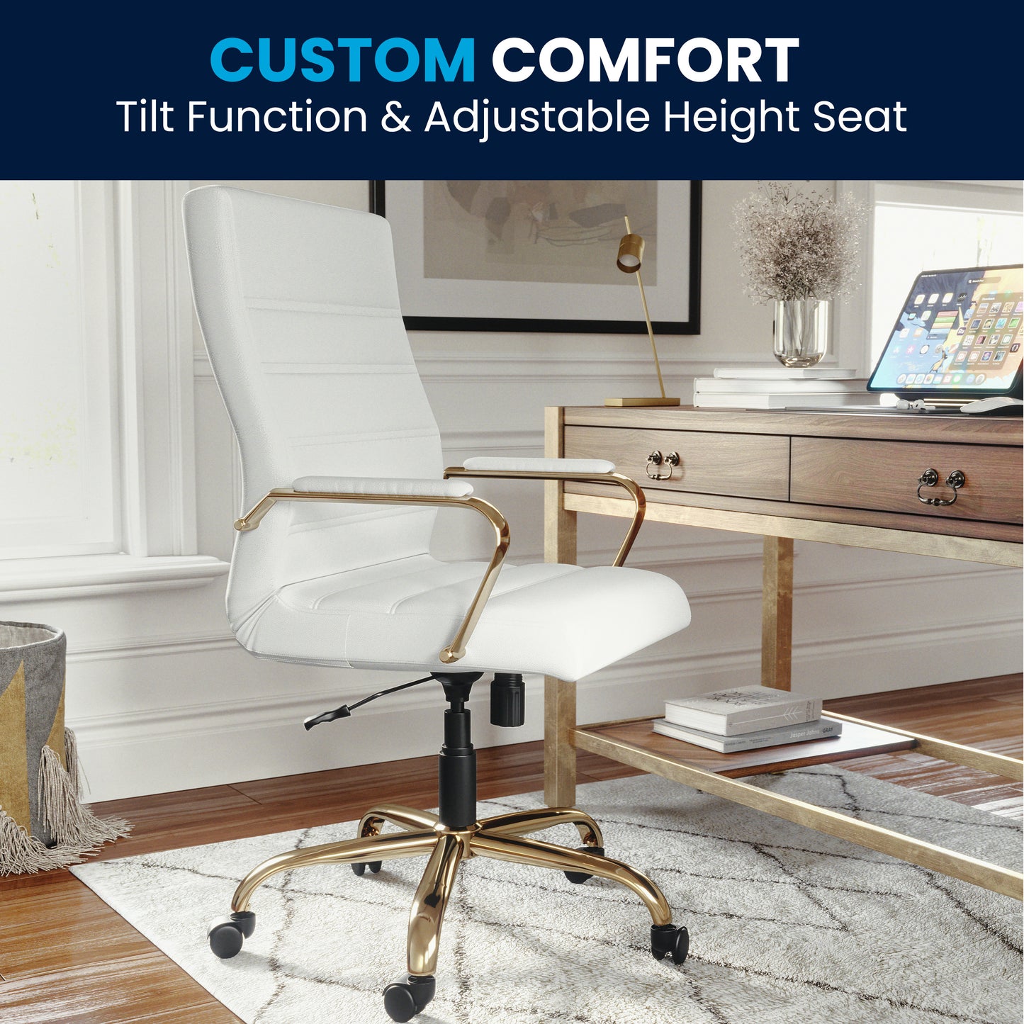 Whitney High Back White LeatherSoft Executive Swivel Office Chair with Gold Frame and Arms White LeatherSoft/Gold Frame