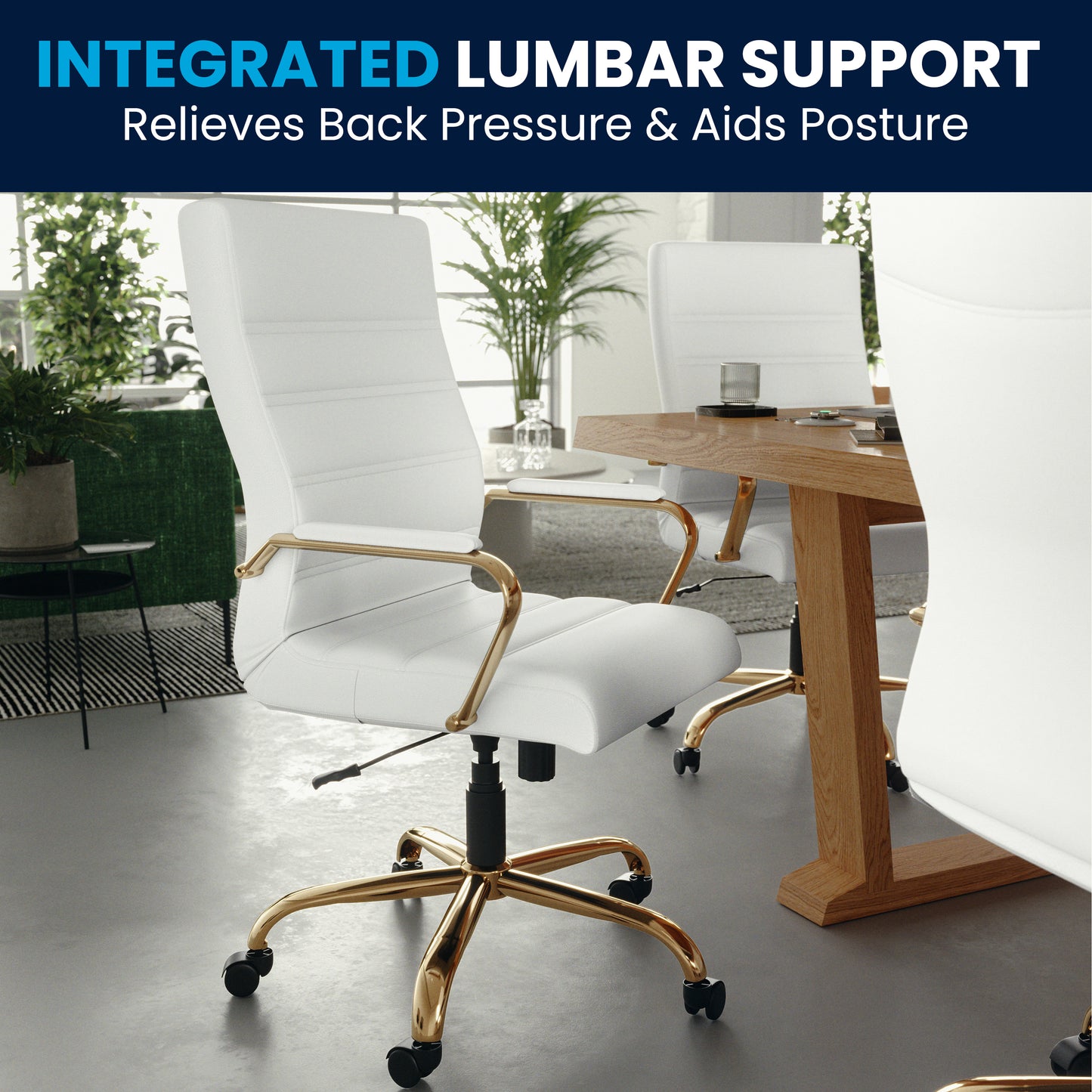 Whitney High Back White LeatherSoft Executive Swivel Office Chair with Gold Frame and Arms White LeatherSoft/Gold Frame