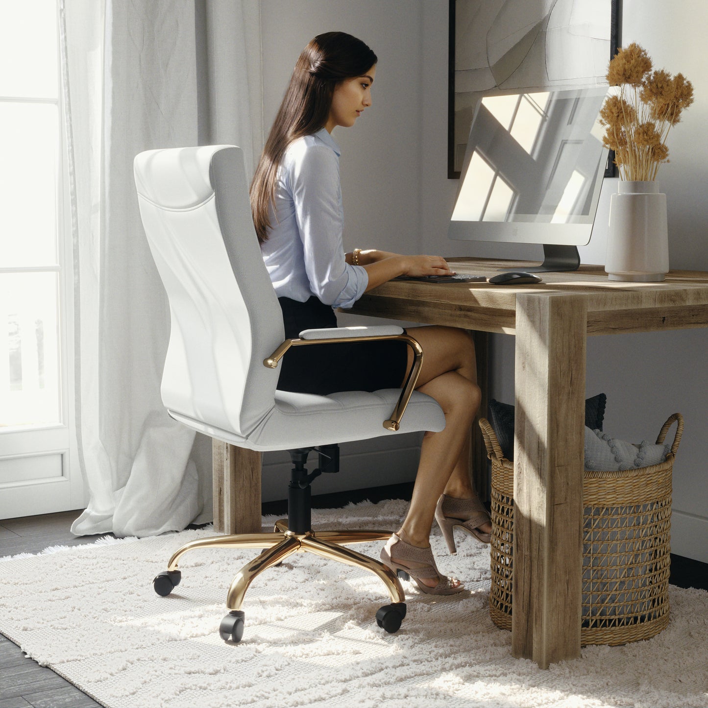 Whitney High Back White LeatherSoft Executive Swivel Office Chair with Gold Frame and Arms White LeatherSoft/Gold Frame