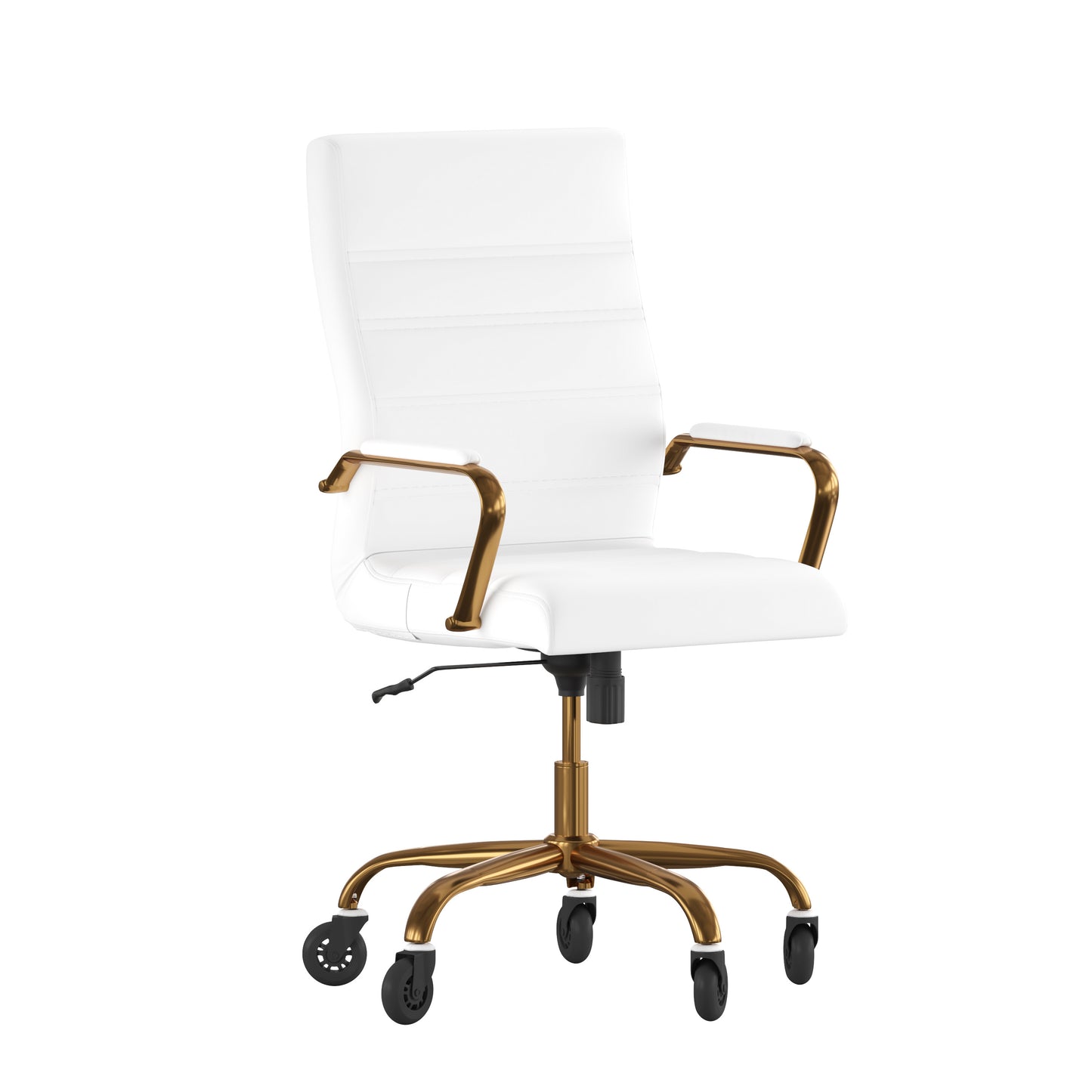Whitney High Back White LeatherSoft Executive Swivel Office Chair with Gold Frame, Arms, and Transparent Roller Wheels White LeatherSoft/Gold Frame
