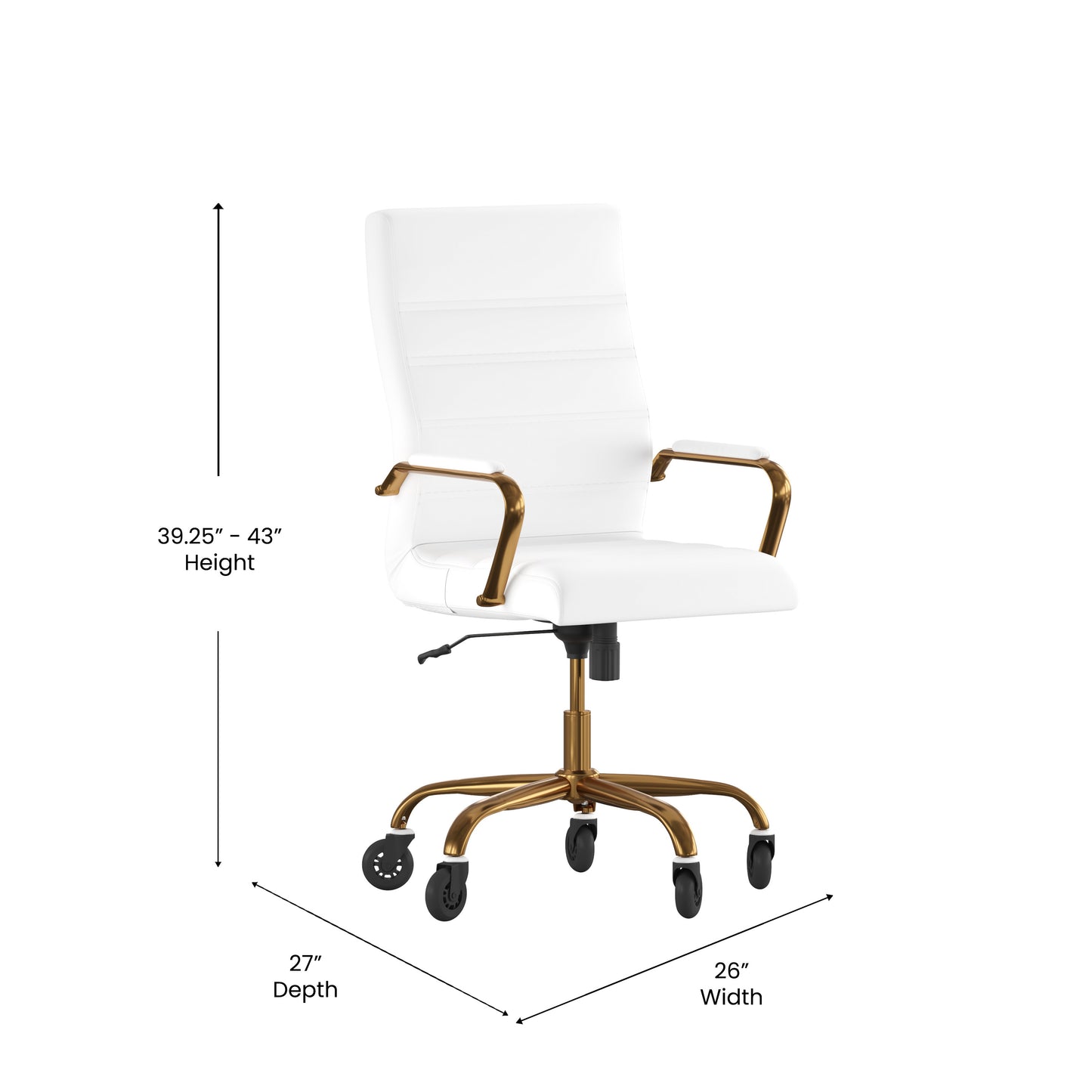 Whitney High Back White LeatherSoft Executive Swivel Office Chair with Gold Frame, Arms, and Transparent Roller Wheels White LeatherSoft/Gold Frame