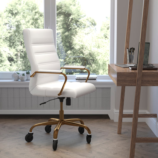 Whitney High Back White LeatherSoft Executive Swivel Office Chair with Gold Frame, Arms, and Transparent Roller Wheels White LeatherSoft/Gold Frame GO-2286H-WH-GLD-RLB-GG