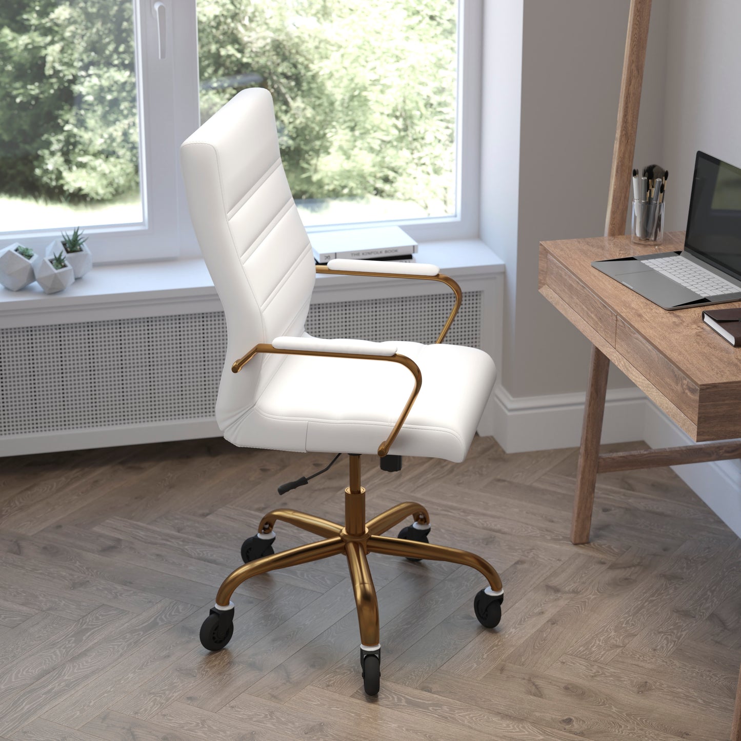Whitney High Back White LeatherSoft Executive Swivel Office Chair with Gold Frame, Arms, and Transparent Roller Wheels White LeatherSoft/Gold Frame