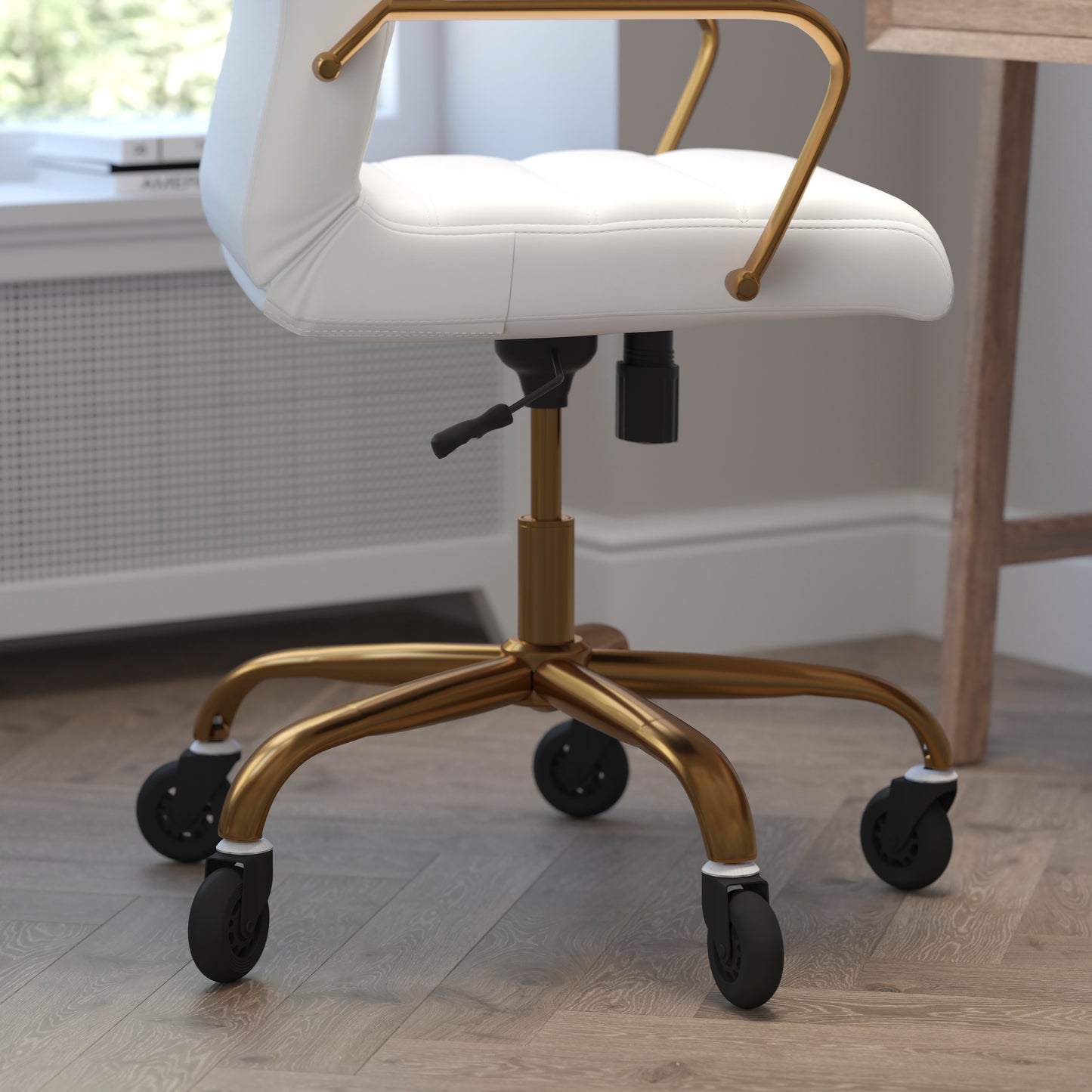Whitney High Back White LeatherSoft Executive Swivel Office Chair with Gold Frame, Arms, and Transparent Roller Wheels White LeatherSoft/Gold Frame