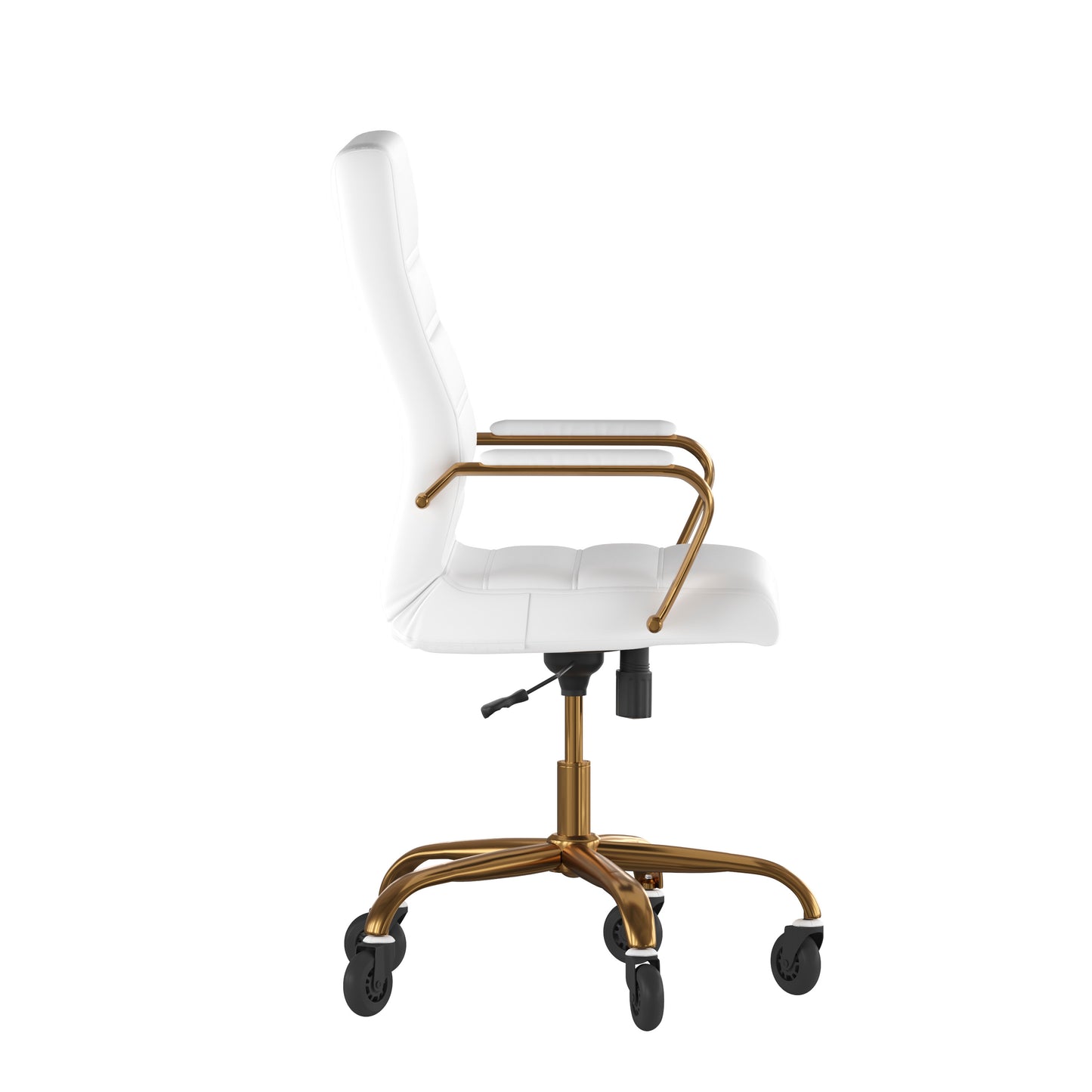 Whitney High Back White LeatherSoft Executive Swivel Office Chair with Gold Frame, Arms, and Transparent Roller Wheels White LeatherSoft/Gold Frame