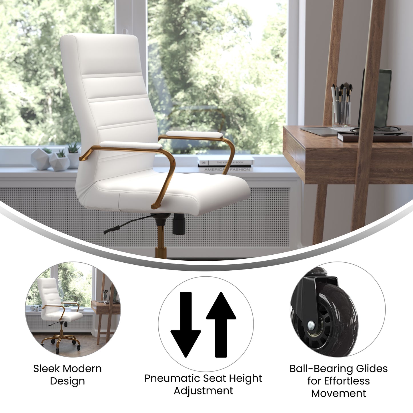 Whitney High Back White LeatherSoft Executive Swivel Office Chair with Gold Frame, Arms, and Transparent Roller Wheels White LeatherSoft/Gold Frame