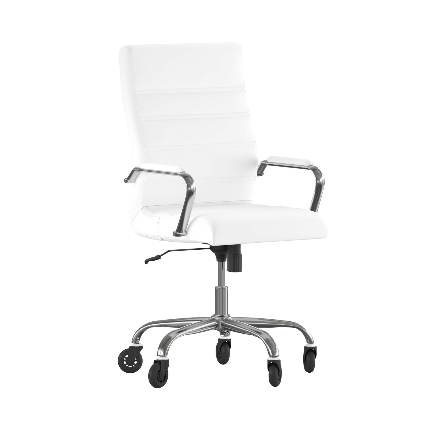 Whitney High Back White LeatherSoft Executive Swivel Office Chair with Chrome Frame, Arms, and Transparent Roller Wheels White LeatherSoft/Chrome Frame