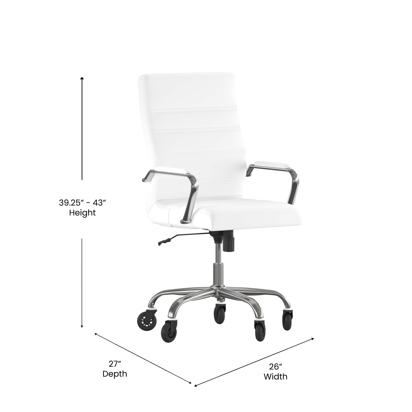 Whitney High Back White LeatherSoft Executive Swivel Office Chair with Chrome Frame, Arms, and Transparent Roller Wheels White LeatherSoft/Chrome Frame