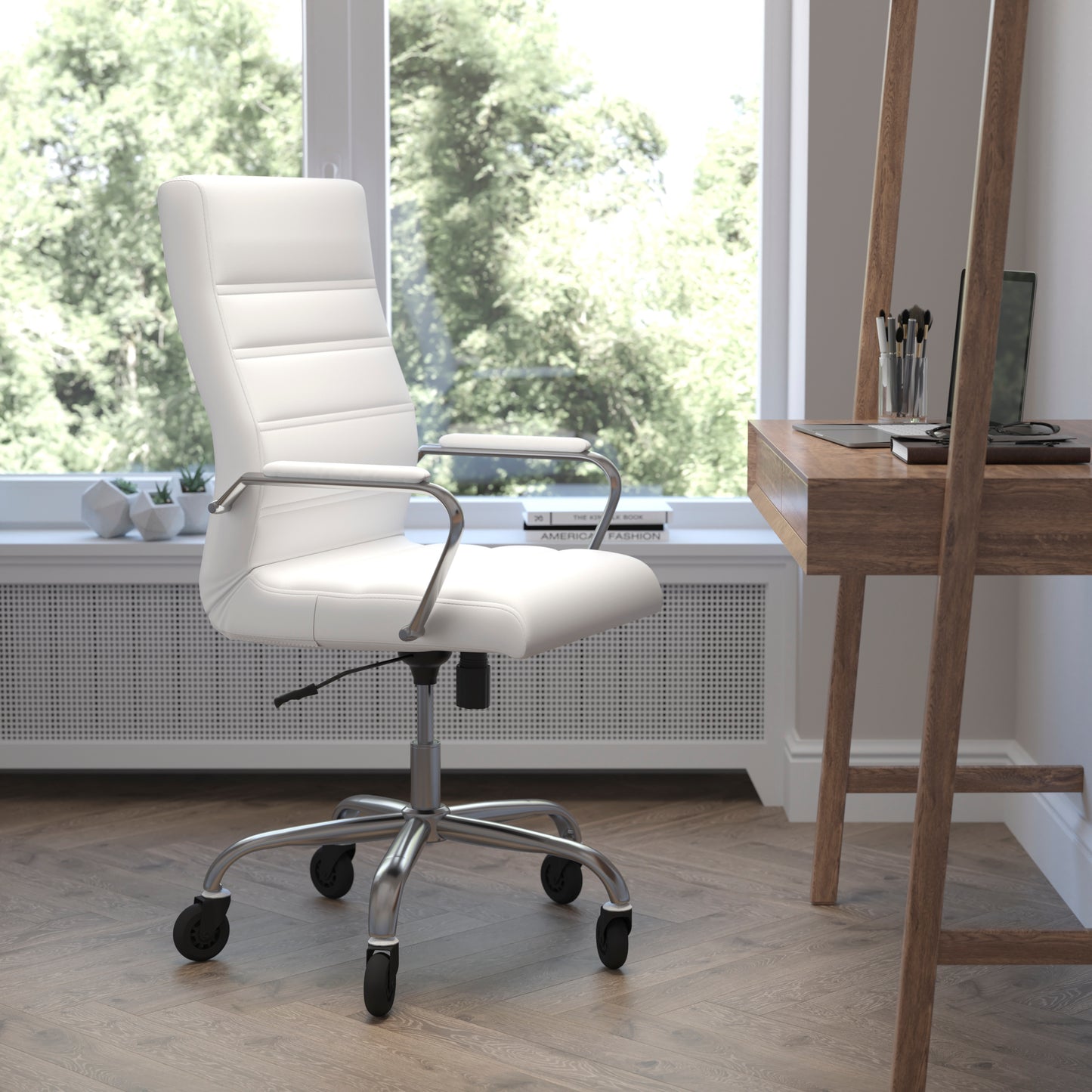 Whitney High Back White LeatherSoft Executive Swivel Office Chair with Chrome Frame, Arms, and Transparent Roller Wheels White LeatherSoft/Chrome Frame