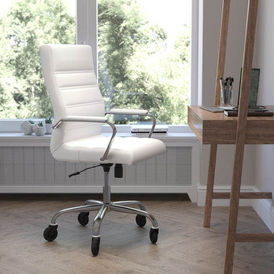 Whitney High Back White LeatherSoft Executive Swivel Office Chair with Chrome Frame, Arms, and Transparent Roller Wheels White LeatherSoft/Chrome Frame GO-2286H-WH-RLB-GG