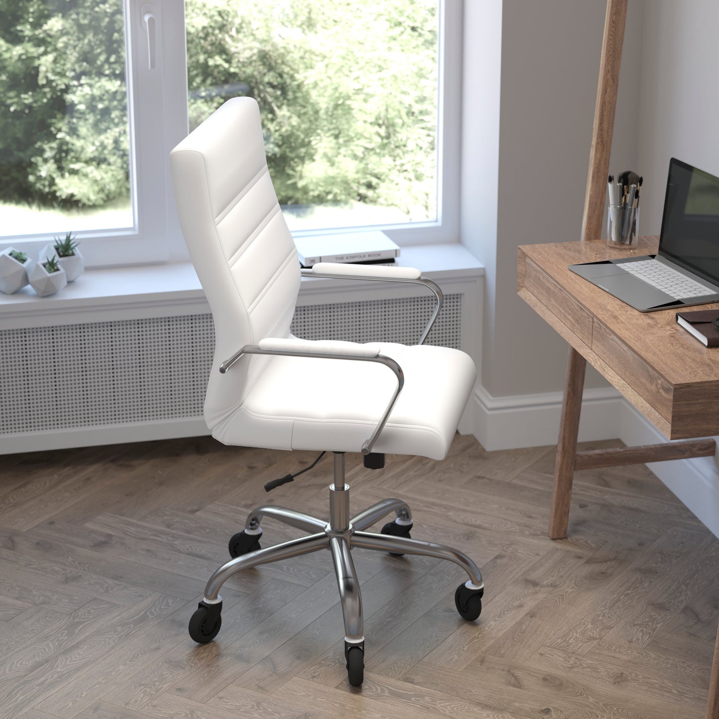 Whitney High Back White LeatherSoft Executive Swivel Office Chair with Chrome Frame, Arms, and Transparent Roller Wheels White LeatherSoft/Chrome Frame
