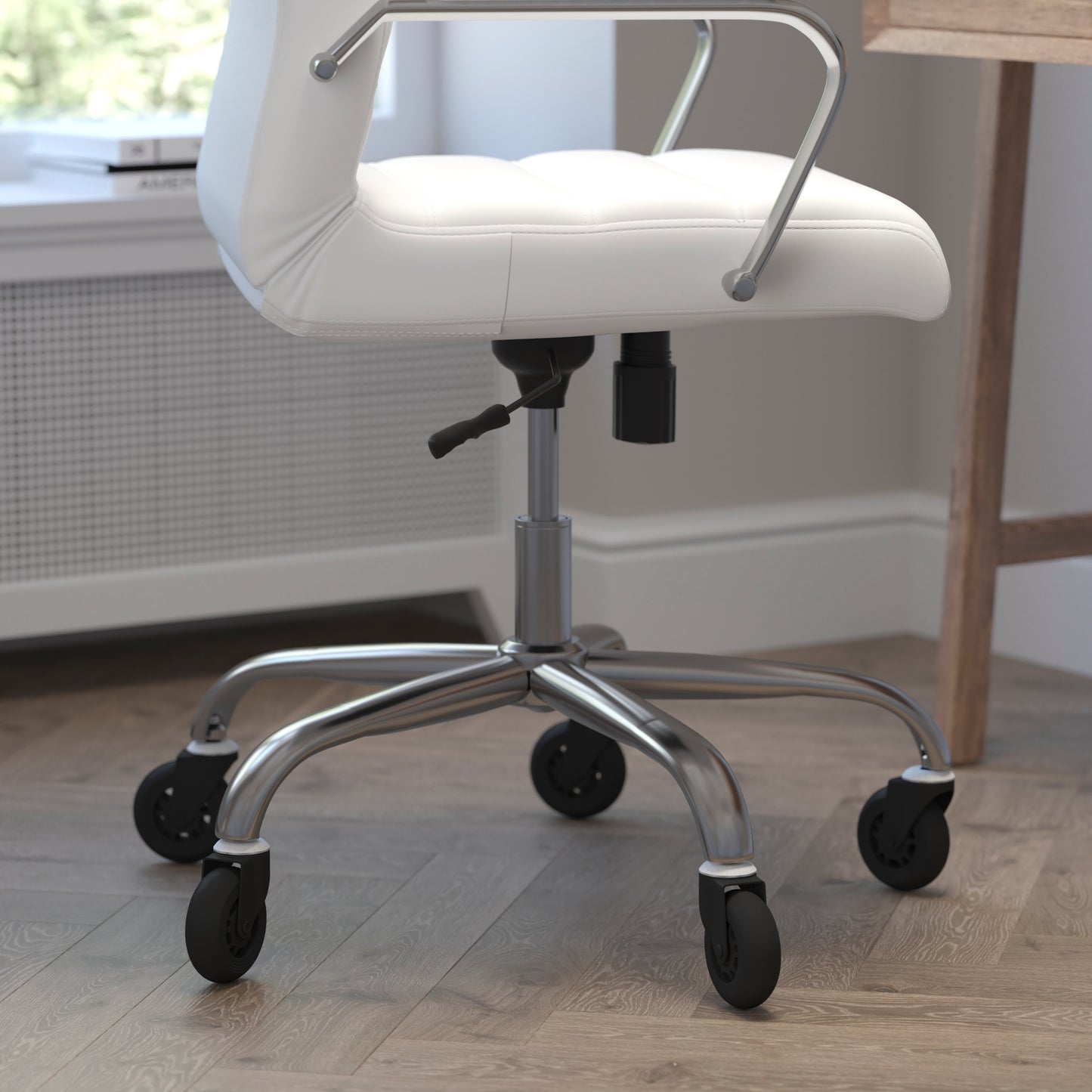 Whitney High Back White LeatherSoft Executive Swivel Office Chair with Chrome Frame, Arms, and Transparent Roller Wheels White LeatherSoft/Chrome Frame