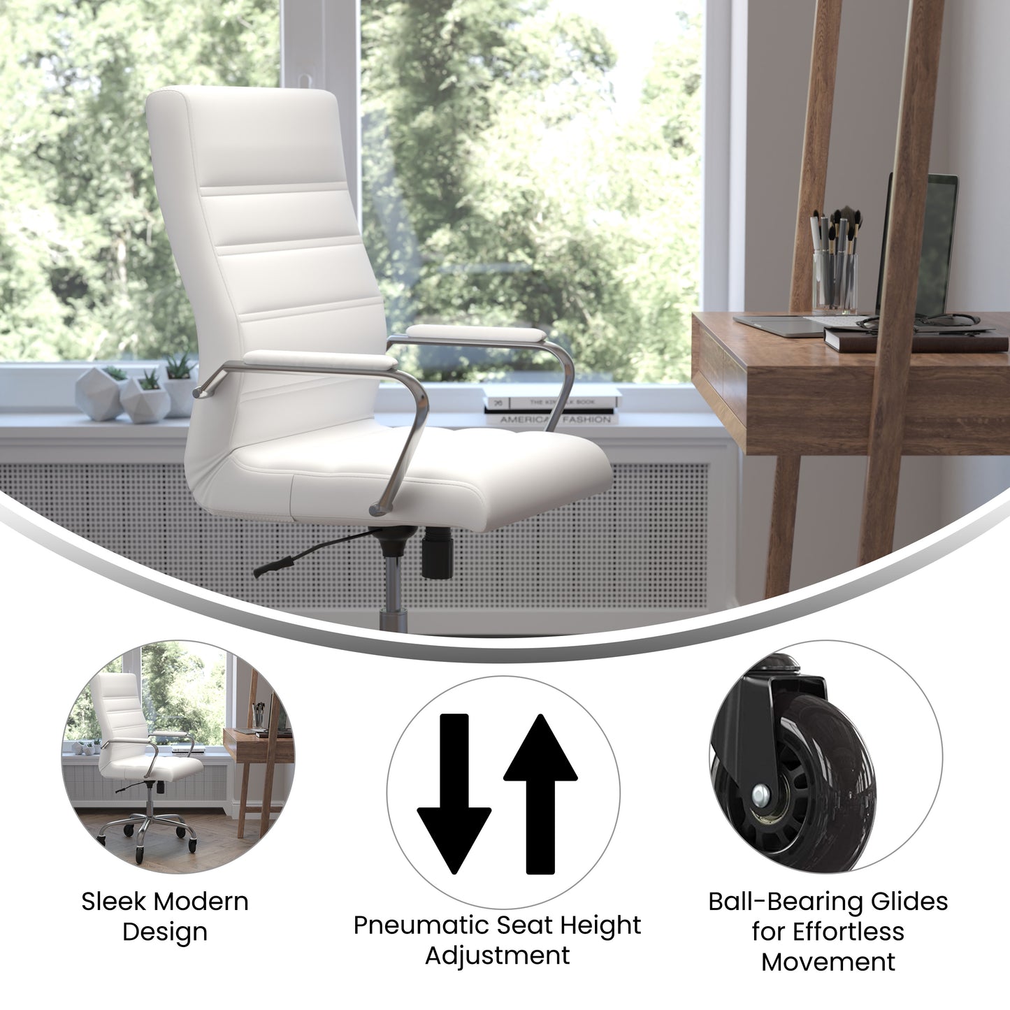 Whitney High Back White LeatherSoft Executive Swivel Office Chair with Chrome Frame, Arms, and Transparent Roller Wheels White LeatherSoft/Chrome Frame