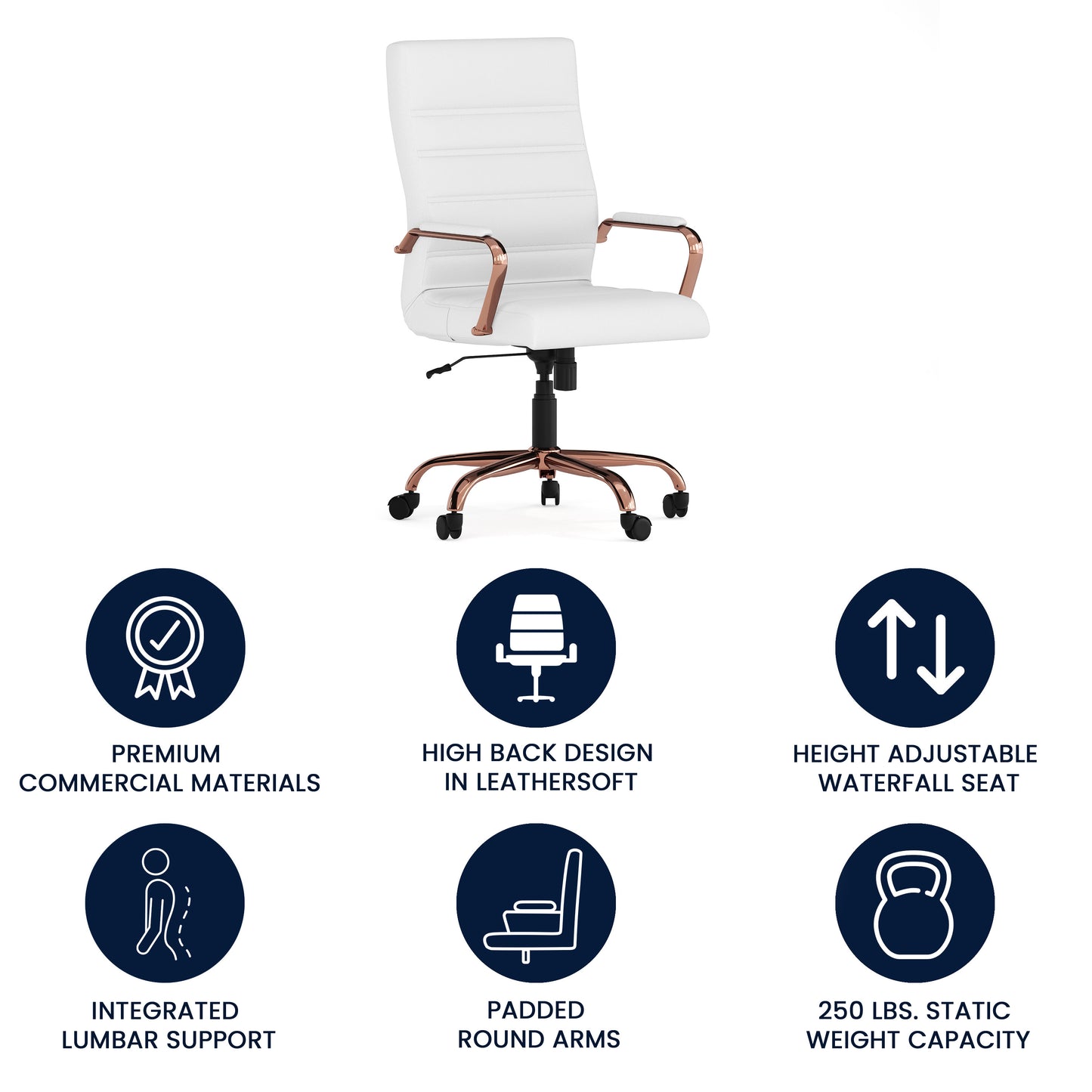 Whitney High Back White LeatherSoft Executive Swivel Office Chair with Rose Gold Frame and Arms White LeatherSoft/Rose Gold Frame