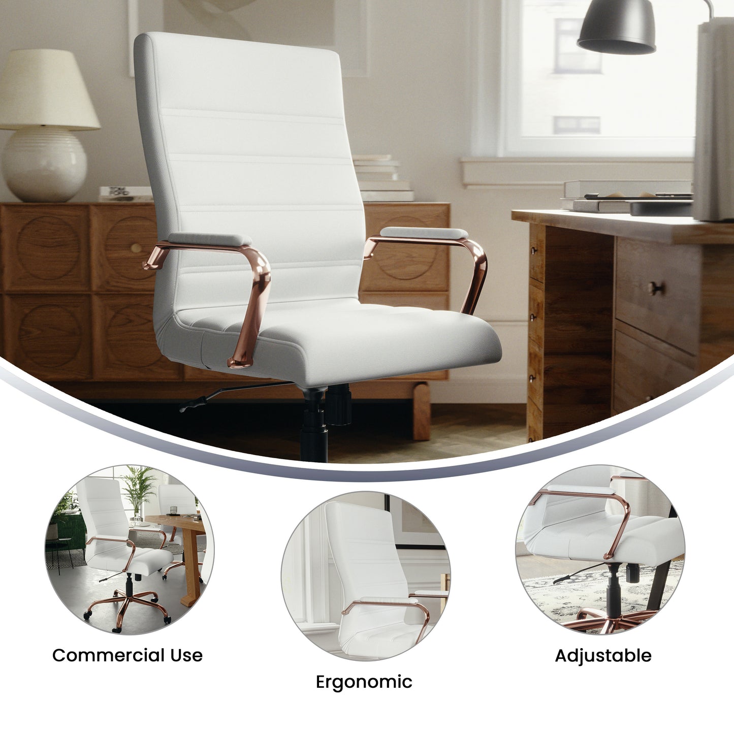 Whitney High Back White LeatherSoft Executive Swivel Office Chair with Rose Gold Frame and Arms White LeatherSoft/Rose Gold Frame