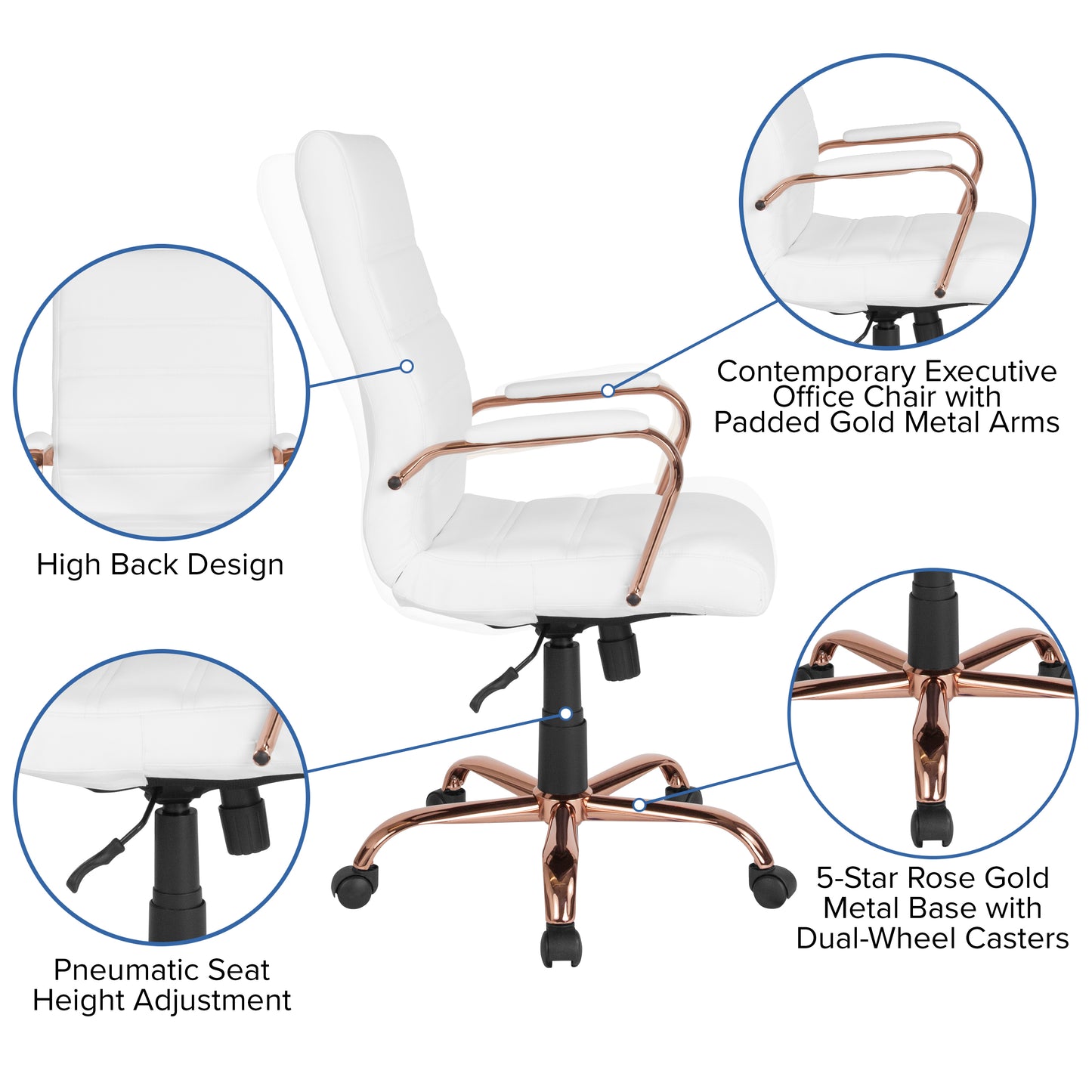 Whitney High Back White LeatherSoft Executive Swivel Office Chair with Rose Gold Frame and Arms White LeatherSoft/Rose Gold Frame
