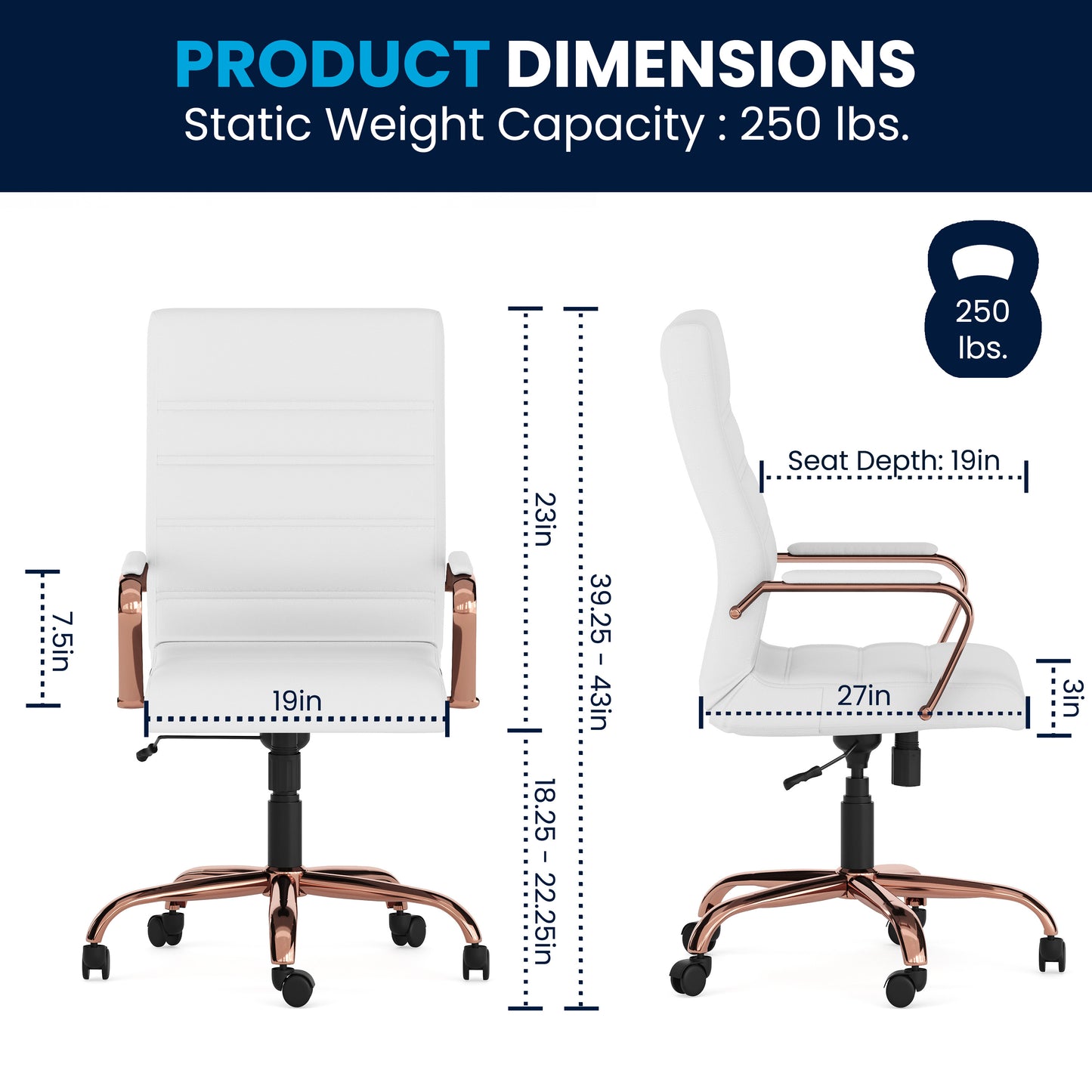 Whitney High Back White LeatherSoft Executive Swivel Office Chair with Rose Gold Frame and Arms White LeatherSoft/Rose Gold Frame