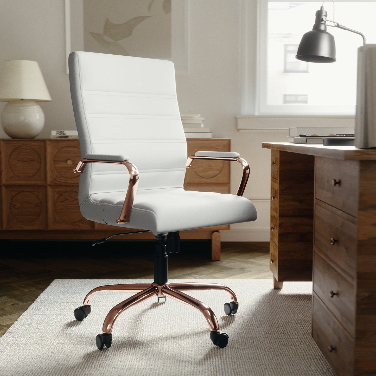 Whitney High Back White LeatherSoft Executive Swivel Office Chair with Rose Gold Frame and Arms White LeatherSoft/Rose Gold Frame