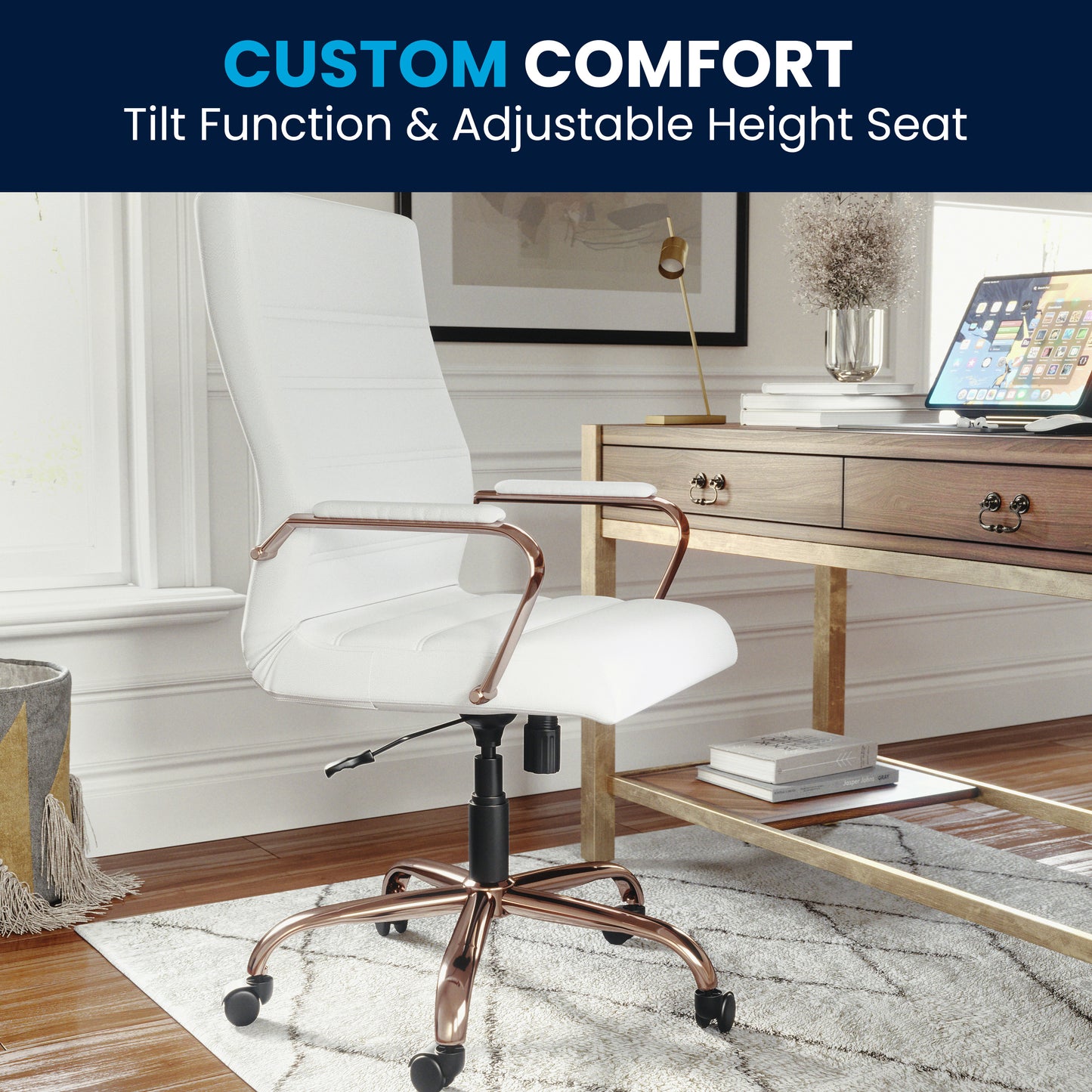 Whitney High Back White LeatherSoft Executive Swivel Office Chair with Rose Gold Frame and Arms White LeatherSoft/Rose Gold Frame