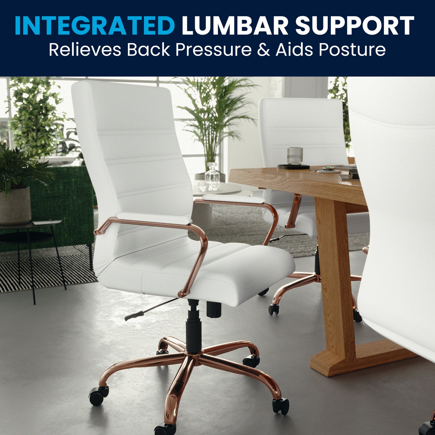 Whitney High Back White LeatherSoft Executive Swivel Office Chair with Rose Gold Frame and Arms White LeatherSoft/Rose Gold Frame