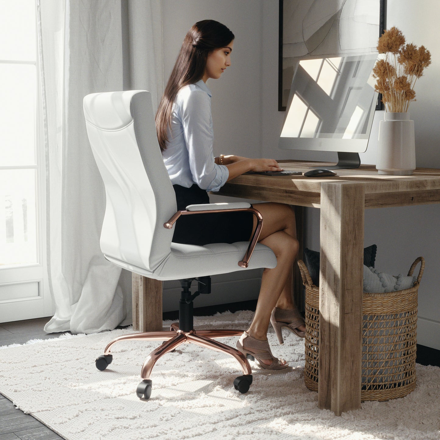 Whitney High Back White LeatherSoft Executive Swivel Office Chair with Rose Gold Frame and Arms White LeatherSoft/Rose Gold Frame