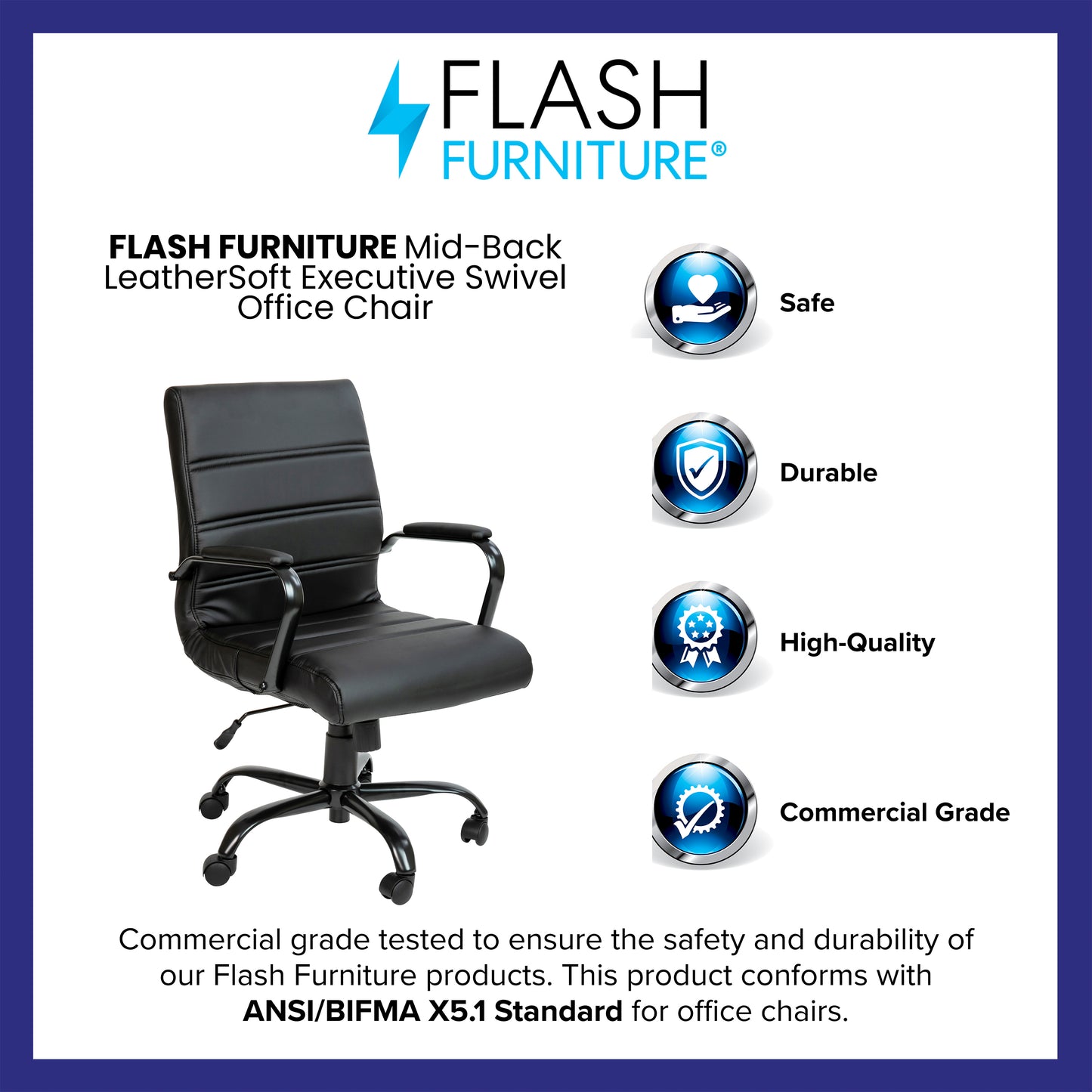 Whitney Mid-Back Black LeatherSoft Executive Swivel Office Chair with Black Frame and Arms Black LeatherSoft/Black Frame