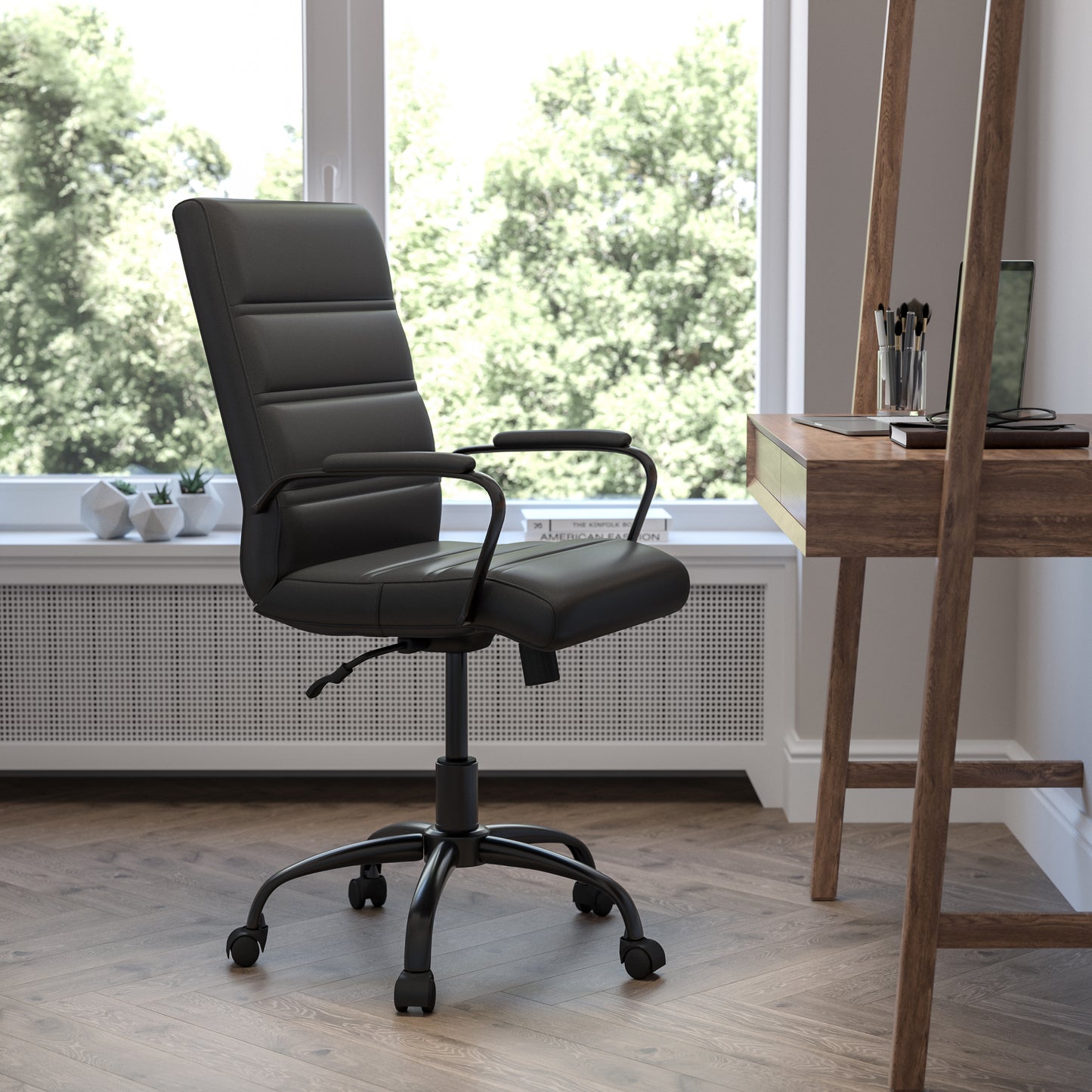 Whitney Mid-Back Black LeatherSoft Executive Swivel Office Chair with Black Frame and Arms Black LeatherSoft/Black Frame