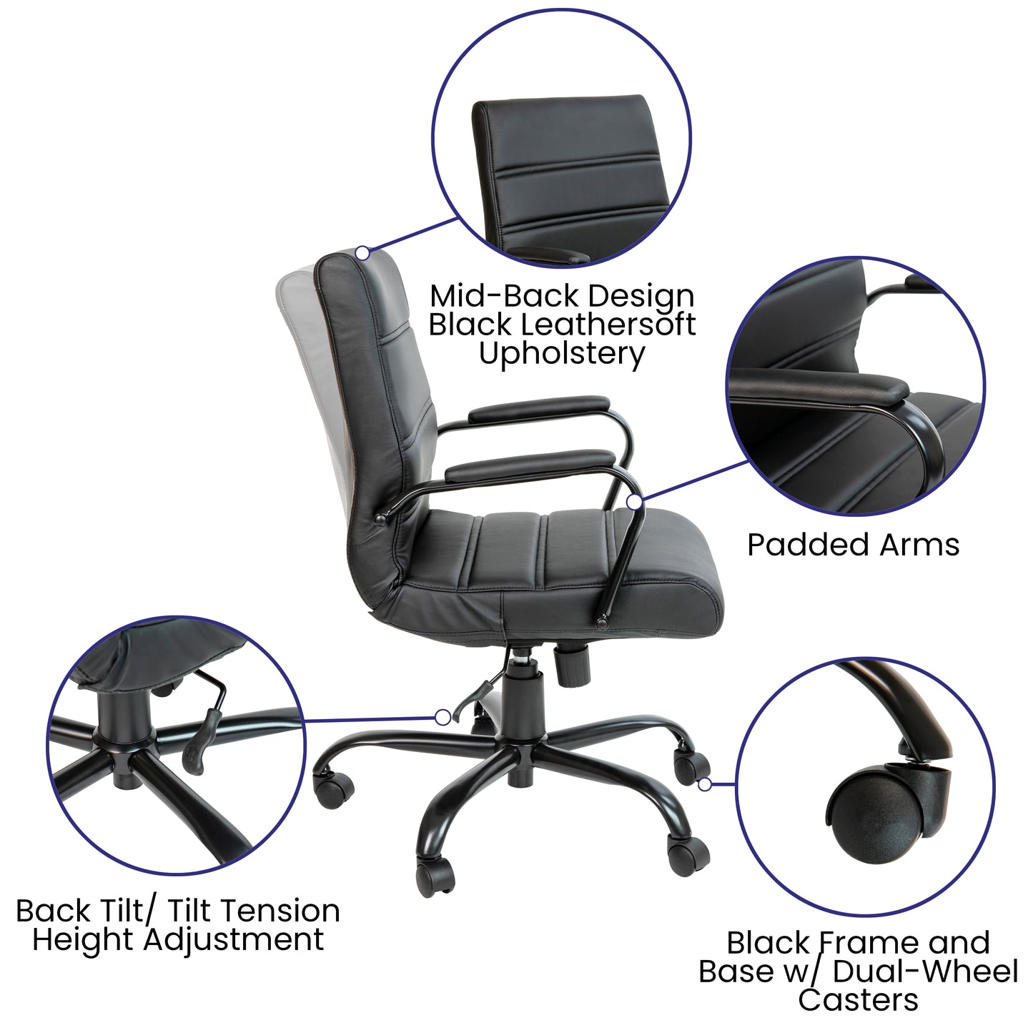 Whitney Mid-Back Black LeatherSoft Executive Swivel Office Chair with Black Frame and Arms Black LeatherSoft/Black Frame