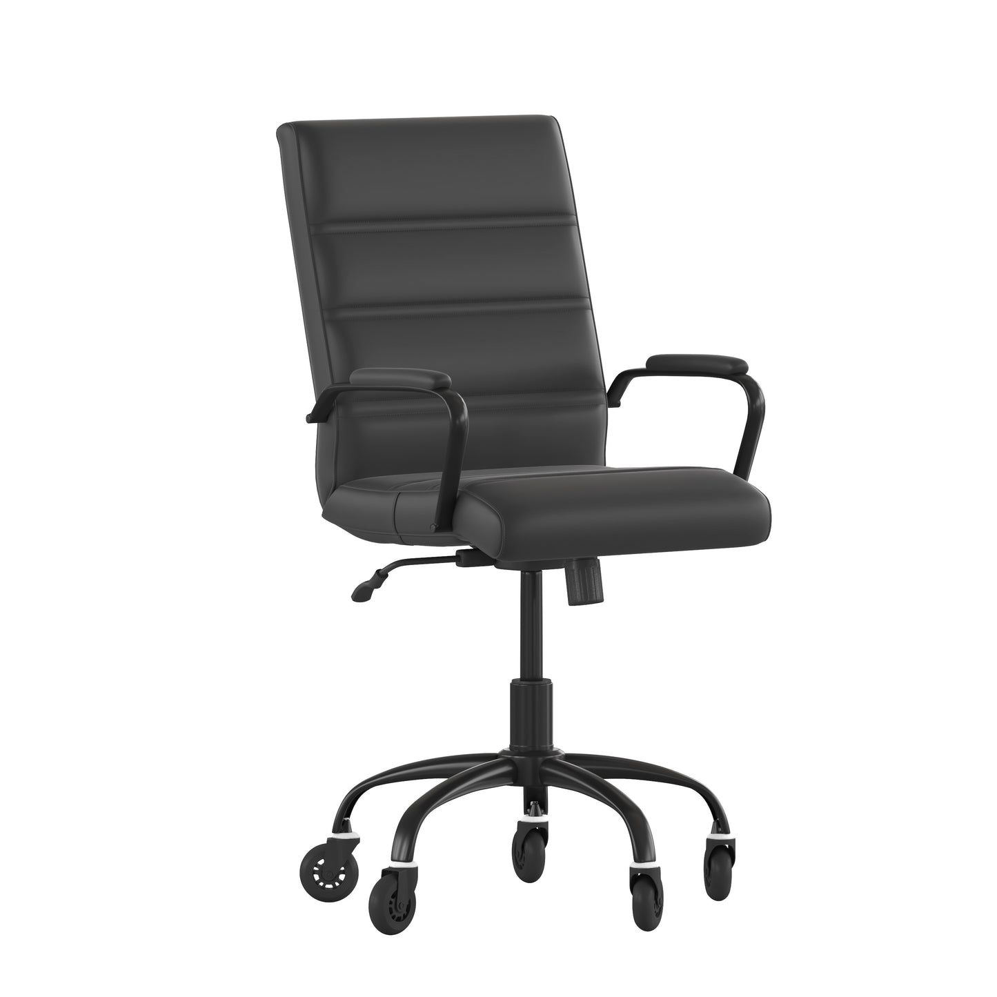 Camilia Mid-Back Black LeatherSoft Executive Swivel Office Chair with Black Frame, Arms, and Transparent Roller Wheels Black LeatherSoft/Black Frame