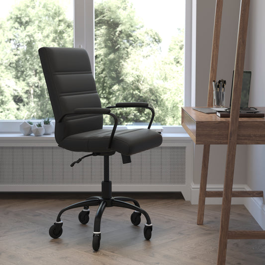 Camilia Mid-Back Black LeatherSoft Executive Swivel Office Chair with Black Frame, Arms, and Transparent Roller Wheels Black LeatherSoft/Black Frame GO-2286M-BK-BK-RLB-GG