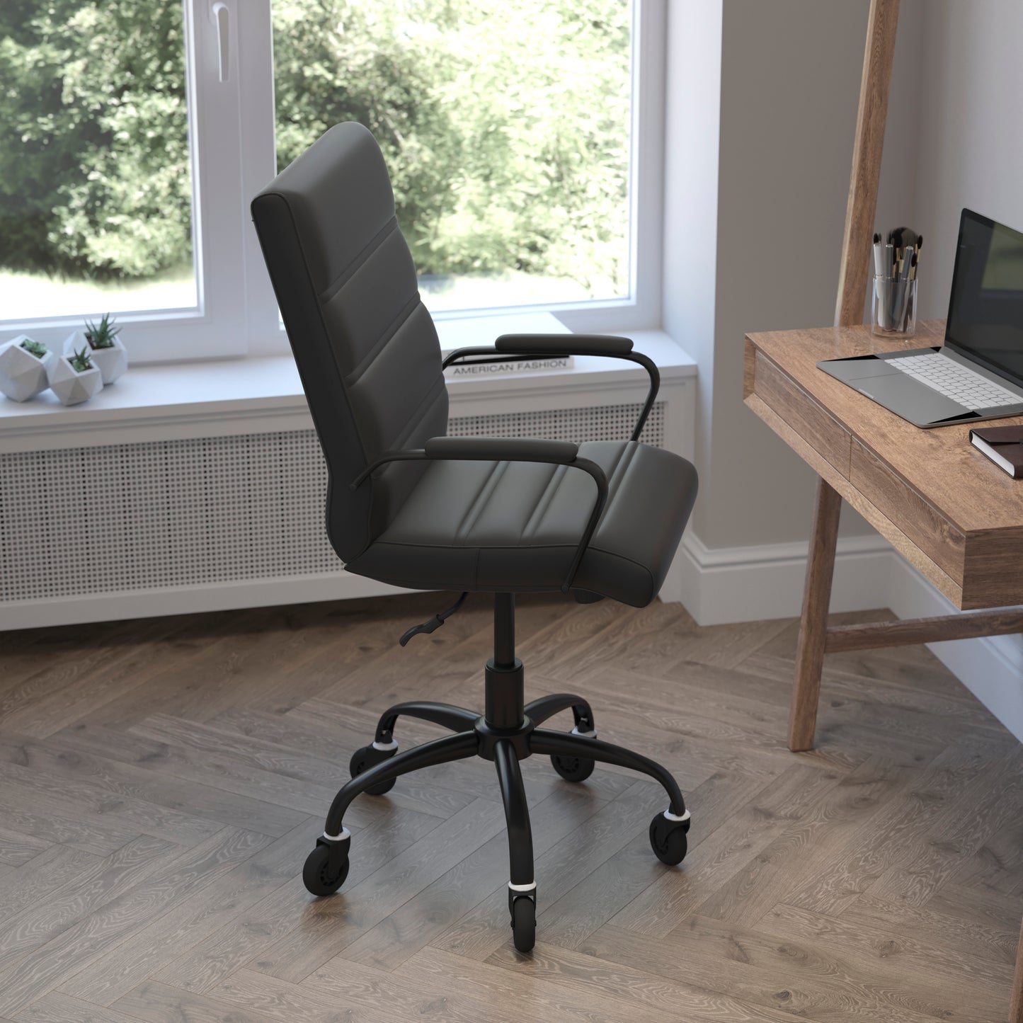 Camilia Mid-Back Black LeatherSoft Executive Swivel Office Chair with Black Frame, Arms, and Transparent Roller Wheels Black LeatherSoft/Black Frame