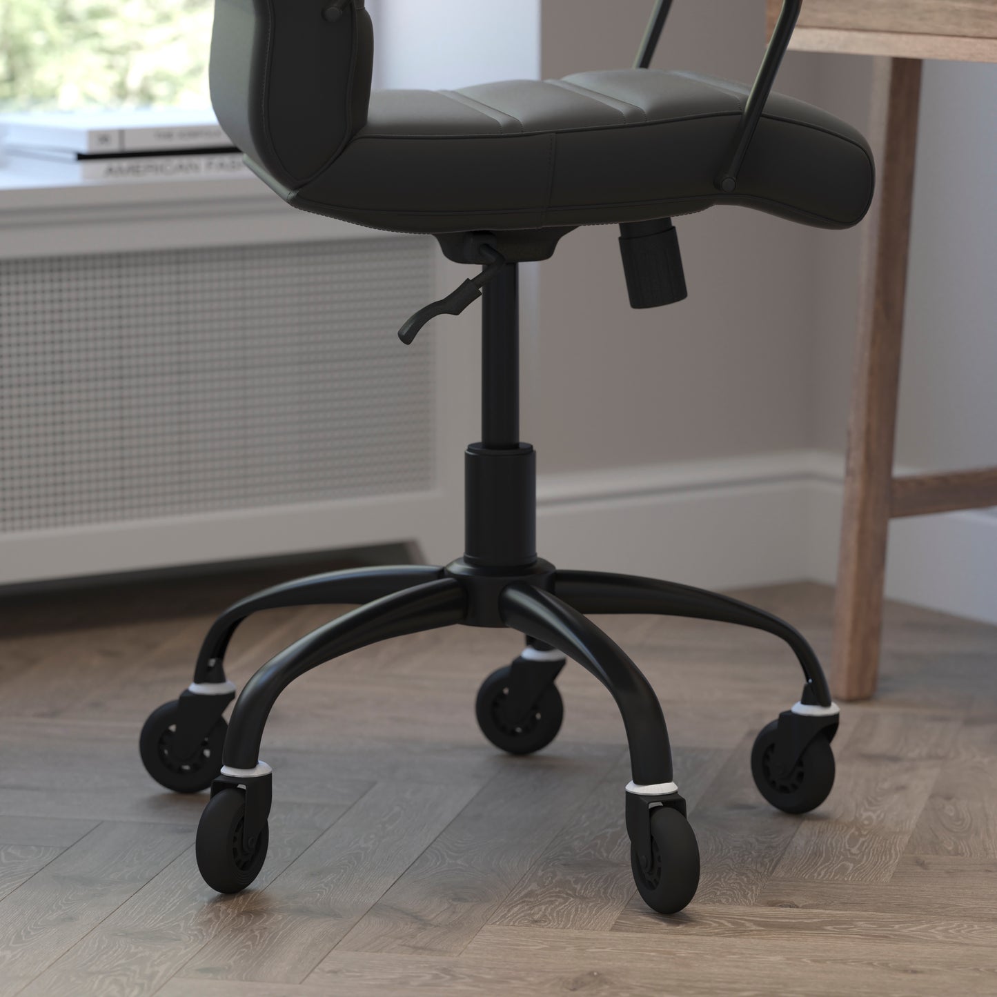 Camilia Mid-Back Black LeatherSoft Executive Swivel Office Chair with Black Frame, Arms, and Transparent Roller Wheels Black LeatherSoft/Black Frame