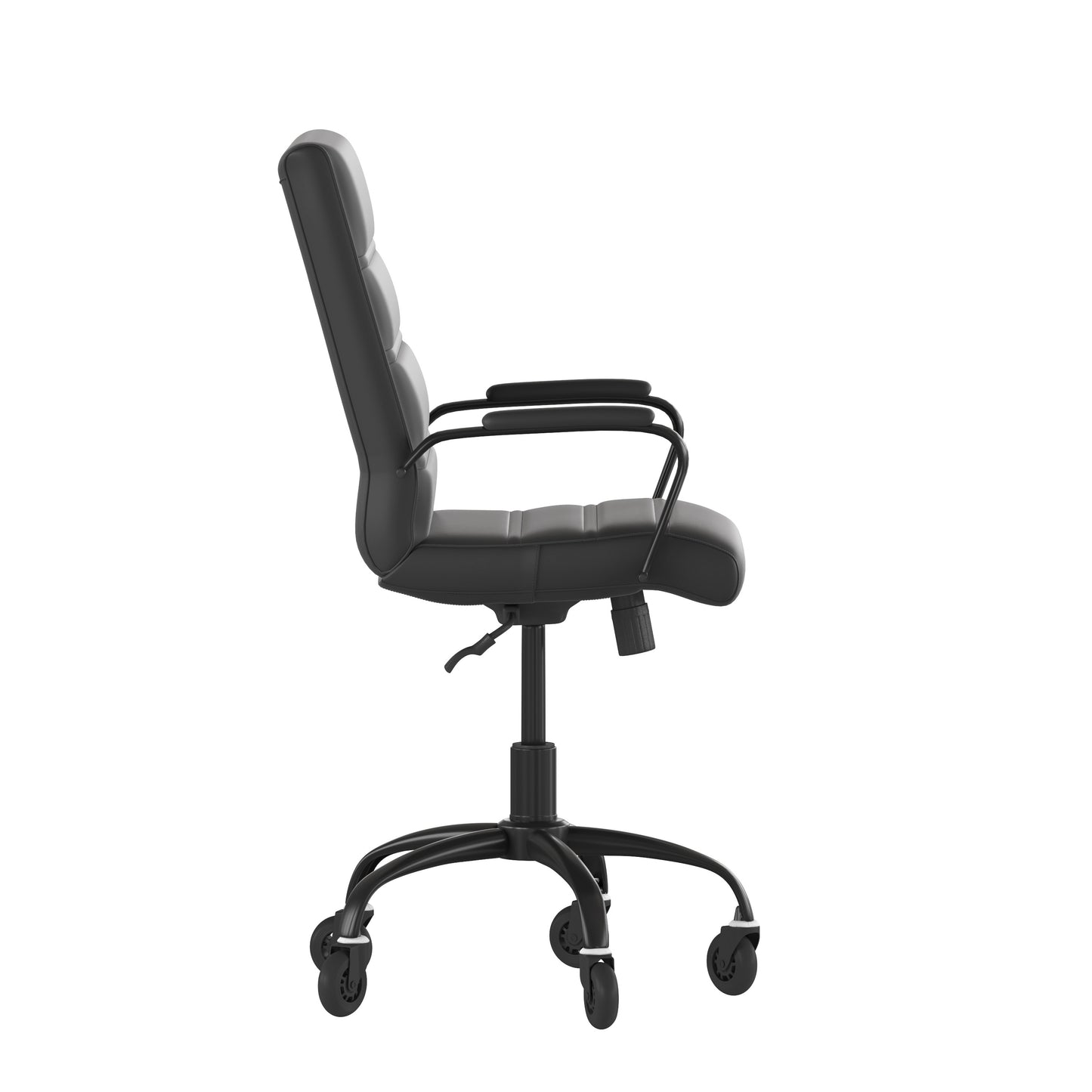 Camilia Mid-Back Black LeatherSoft Executive Swivel Office Chair with Black Frame, Arms, and Transparent Roller Wheels Black LeatherSoft/Black Frame