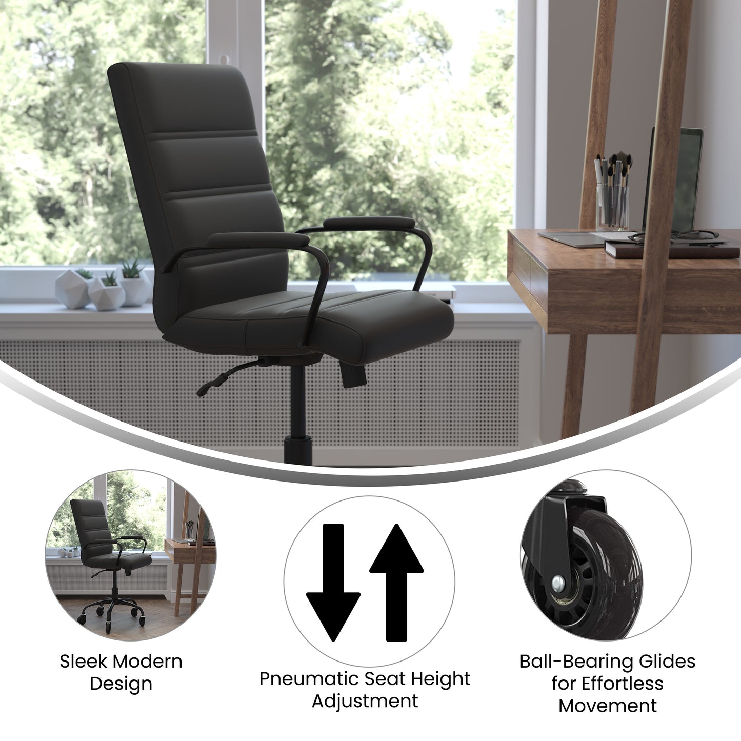 Camilia Mid-Back Black LeatherSoft Executive Swivel Office Chair with Black Frame, Arms, and Transparent Roller Wheels Black LeatherSoft/Black Frame