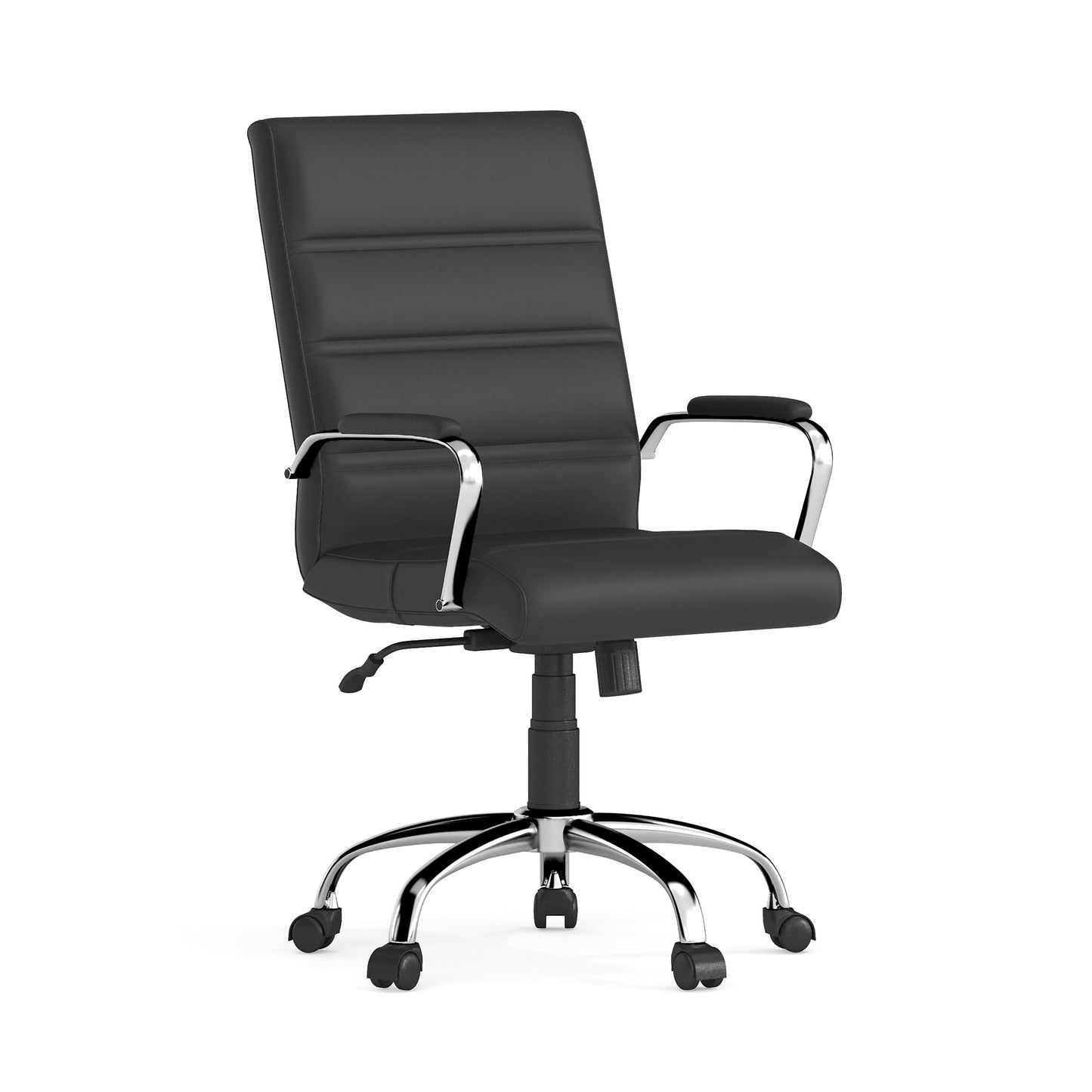 Whitney Mid-Back Black LeatherSoft Executive Swivel Office Chair with Chrome Frame and Arms Black LeatherSoft/Chrome Frame